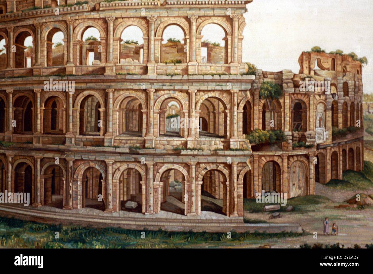 Malerei des Kolosseum, eine elliptische Amphitheater im Zentrum der Stadt Rom. 70-80 AD gebaut. Durch G. Rinaldi 1820 gemalt. Rom. Italien 2013 Stockfoto