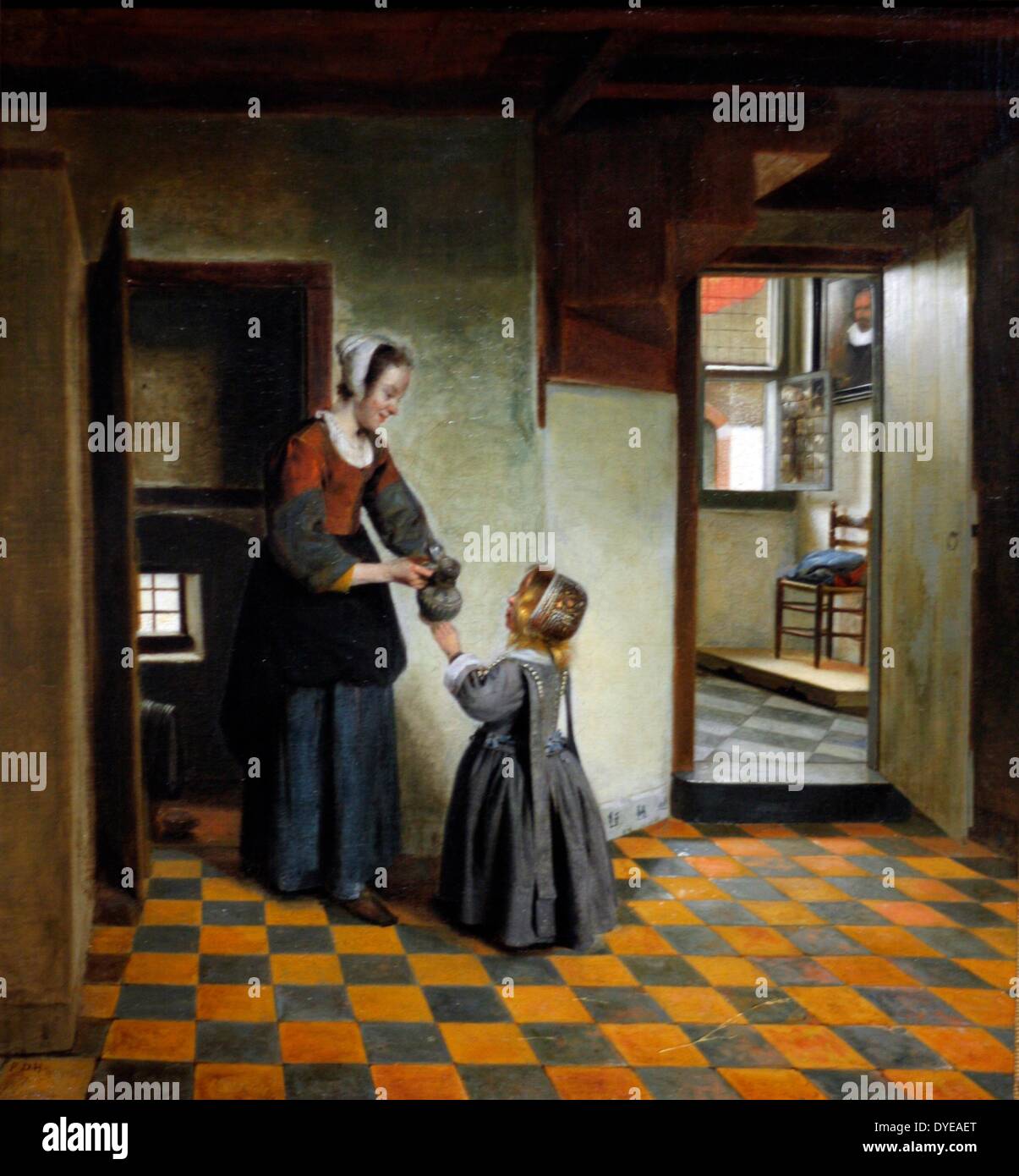 Frau mit einem Kind in einem Vorratsraum, Pieter de Hooch (1629-ca 1683) Öl auf Leinwand C. 1656-1660. Pieter de Hooch arbeitete in Delft für ein paar Jahre zur gleichen Zeit wie Johannes Vermeer. Beide Künstler wurden von, wie man Licht und Raum machen fasziniert. Stockfoto