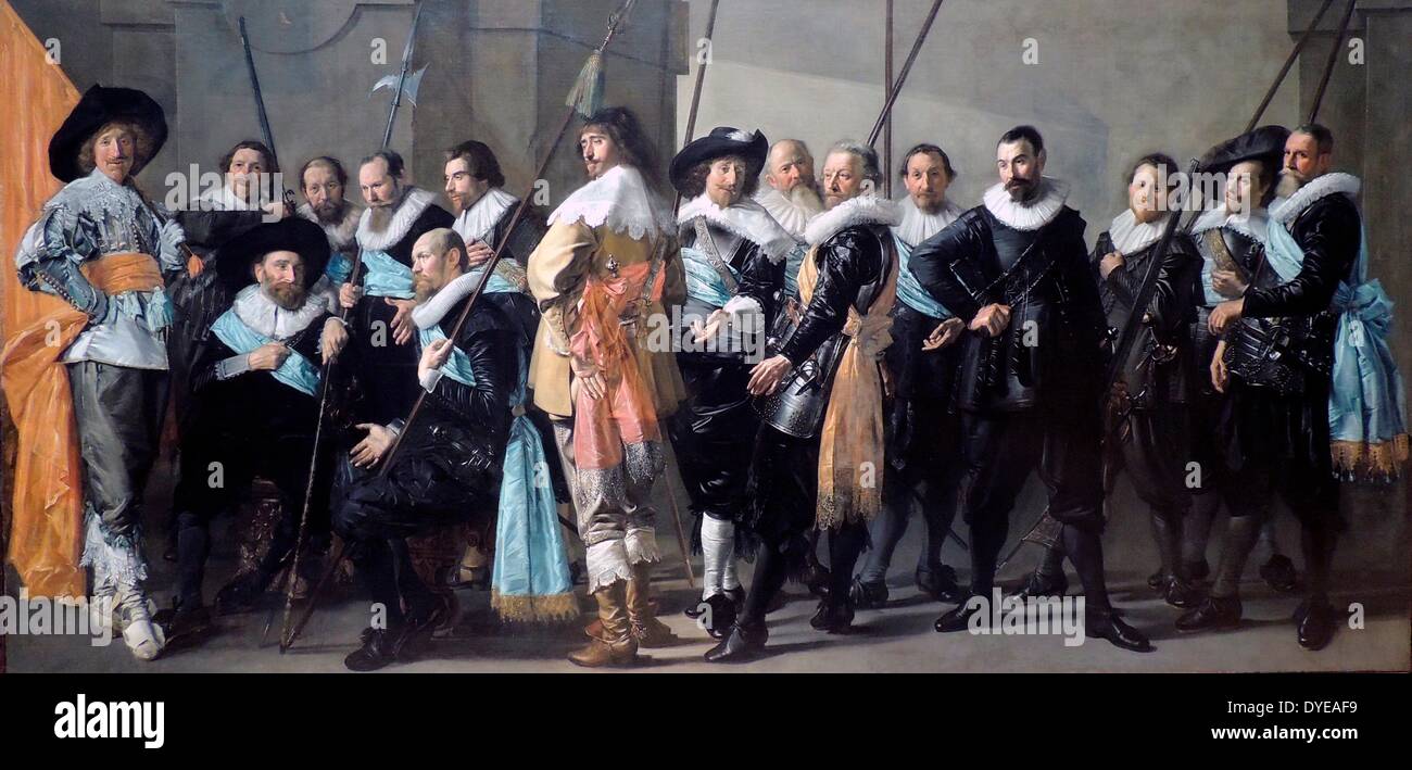 Miliz der Bezirk XI unter dem Kommando von Kapitän Reynier Reael, als "Die mageren Firma 'Frans Hals (C. 1582-1666) und Pieter Codde (1599-1678), Öl auf Leinwand, 1637. Eine Kommission für eine bürgerliche guard Porträt war selten ein Maler von außerhalb der Stadt gewährt. Außergewöhnlich, Frans Hals, von Haarlem, wurde gebeten, diese Gruppe Porträt zu malen. Aber er fand sich bald in Konflikt mit dem gardisten, und der Amsterdamer Maler Pieter Codde mussten in Schritt sieben Zahlen auf der rechten Seite, um den Vorgang zu beenden. Stockfoto