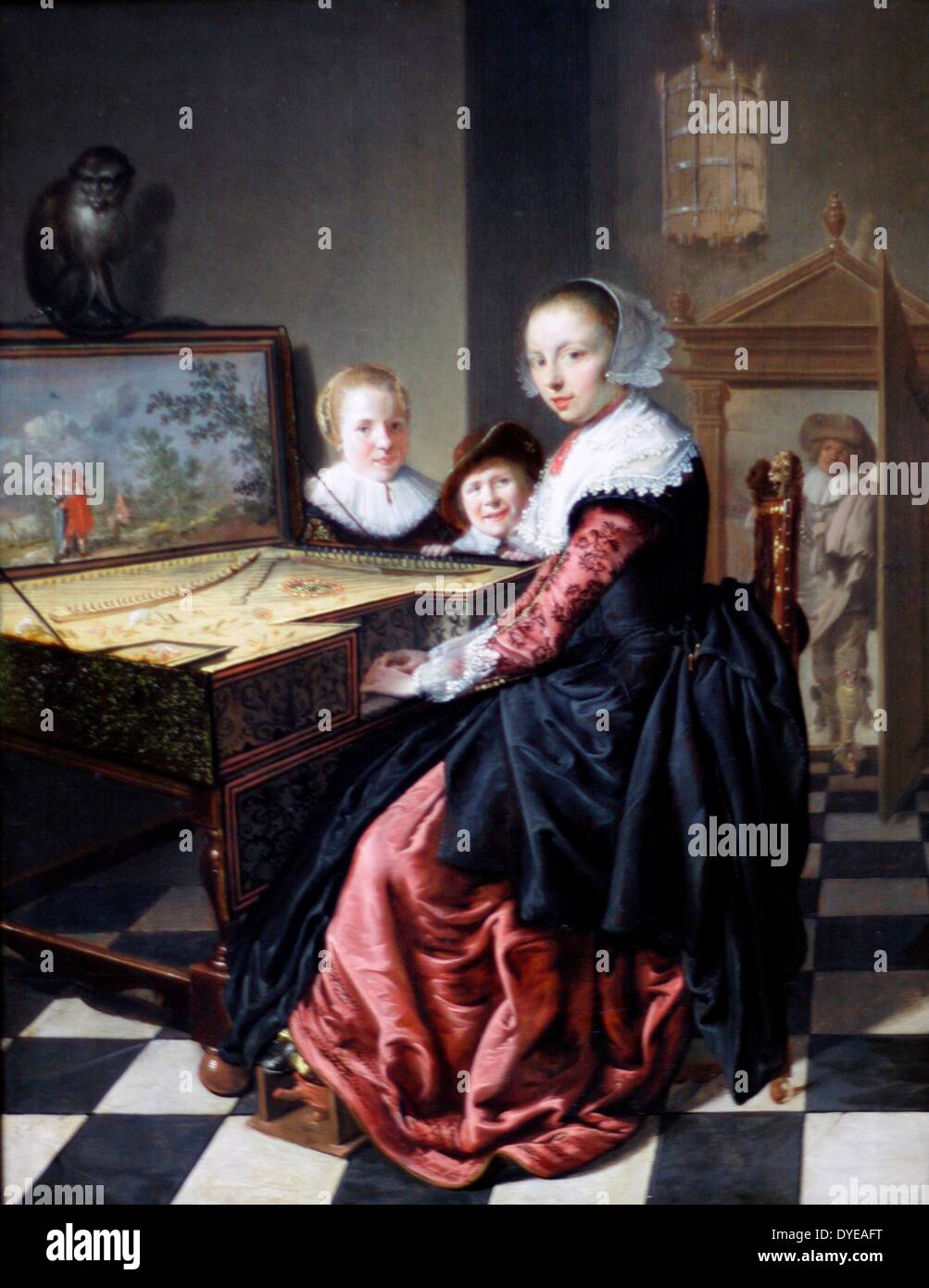 Frau an der jungfräulichen. Jan Miense Molenaer 1610-1668. Molenaer wurde aktiv von 1629. Er war verheiratet mit Judith Leyster, einem bekannten Maler, im Jahre 1636. Er verbrachte seine Zeit in Haarlem und Amsterdam und seine früheren Werke sind stark von Frans Hals beeinflusst. Stockfoto