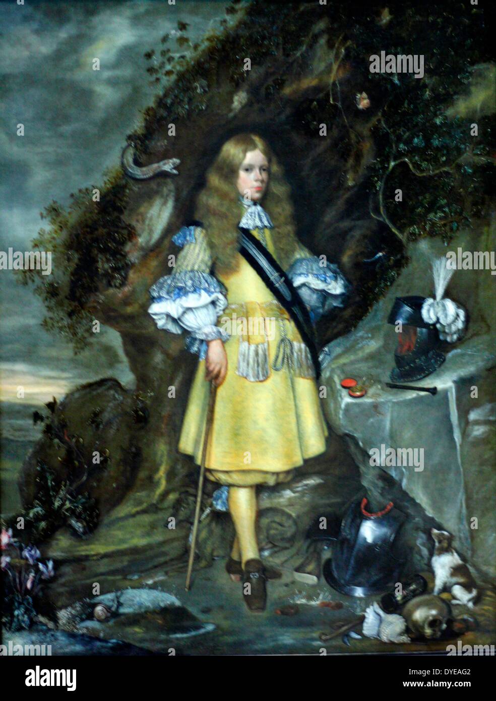 Memorial Portrait von Mose Ter Borch. Gerard Ter Borch (1617-1681) und Gesina Ter Borch (1633-1690), Öl auf Leinwand, 1667-1669. Die beiden Maler produziert dieses Portrait ihr jüngster Bruder, Moses, der im Jahre 1645 geboren wurde, zu gedenken. Mose starb im Jahre 1667 bei der Erstürmung der Festung Languard in der Nähe von Felixstowe in England. Er hatte in der niederländischen Marine gegen die Engländer seit 1664 serviert. In der Malerei Moses durch Symbole, dass Hinweise auf seine militärischen Lebens umgeben ist: Zeit (die Taschenuhr), Tod (Schädel), der ewigkeit (The Ivy auf den Felsen) und Loyalität (die Hunde). Stockfoto