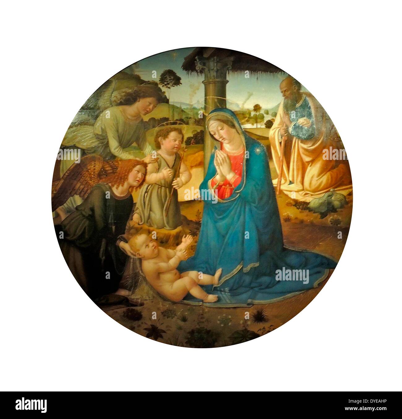 Die Verehrung des Christus Kind von Cosimo Rosselli (1439-1507). Florenz ca. 1485-1507, Tempera und Öl auf Leinwand. Als erfolgreiche unabhängige Maler und geschätzter Lehrer, Cosimo Rosselli war ein herausragender Exponent der künstlerischen Konventionen von Florenz in der zweiten Hälfte des 15. Jahrhunderts. Obwohl diese Krippe der Einfluss der importierten Werke von Süden niederländischen Künstler spiegelt, der Einsatz von Farbe und starkes Gefühl für Linie und Design (disegno) sind in der Regel Florentine. Stockfoto