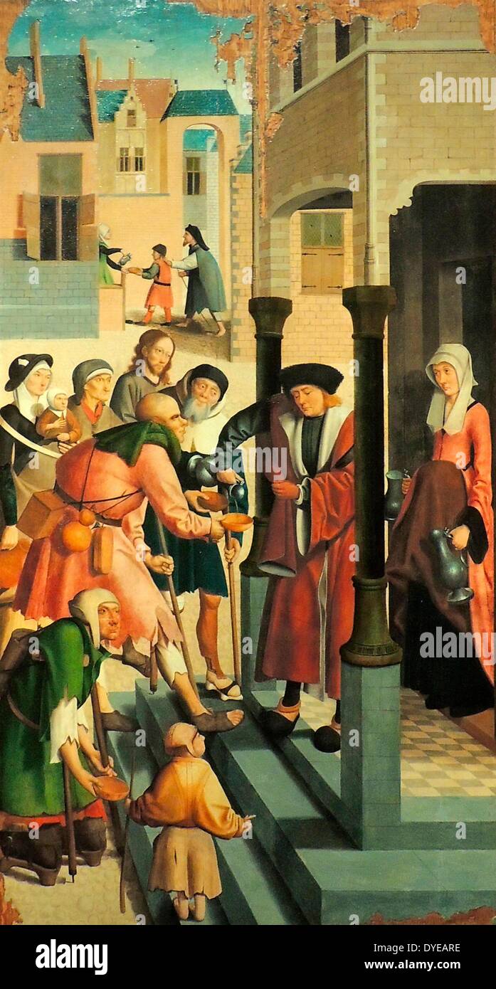 Die Sieben Werke der Barmherzigkeit von Meister Alkmaar (1490-1510), Alkmaar, 1504, Öl auf Leinwand. Eine niederländische Stadt ist der Hintergrund dieser Erzählung, die zeigt, wie ein guter Christ sollte helfen, die in Not sind. Christus steht unter den Zuschauern in fast jedem Panel. Die Szenen geben einen Eindruck der städtischen Gesellschaft um 1500. Die Arbeit wurde bei der ikonoklasmus von 1566, wenn Römisch-katholische Kirchen wurden durch Protestanten mutwillig beschädigt. Stockfoto