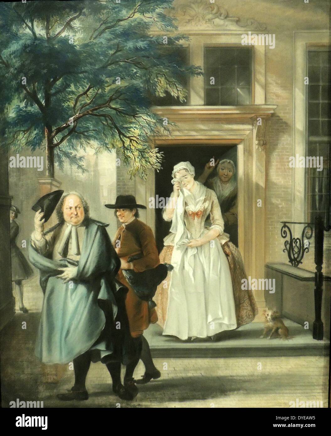 Eine Szene aus der Komödie De ontdekte schijndeugd (angebliche Tugend ausgesetzt) von Cornelius Troost (1696-1750) Pastell- und Gouache, 1743. Geertruy vorgibt, auf der Abfahrt von ihrem Mann und seinem Knecht untröstlich. Allerdings ist die Geste ihre Magd macht zeigt an, dass Geertruy ihn cuckolding: Volkert, ihren jungen Liebhaber, ist bereit, in den Hintergrund. Troost war einer der ersten Künstler Pastell und Aquarell in einem so schönen und ausgewogener Weise zu kombinieren. Stockfoto
