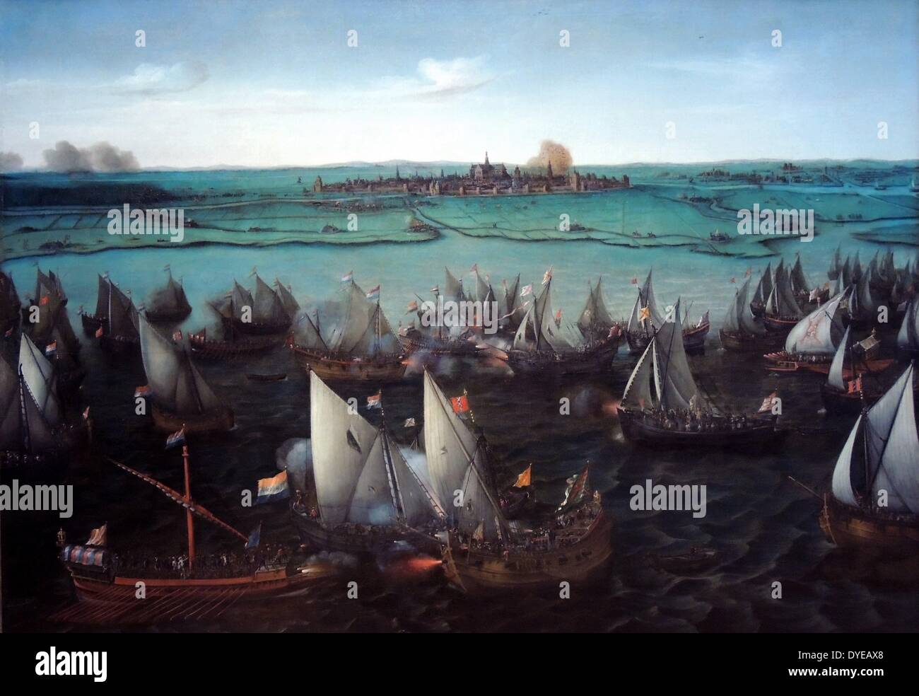 Kampf zwischen niederländischen und spanischen Schiffe auf der Haarlemmermeer von Hendrik Cornelisz Vroom (c.1566-1640) Öl auf Leinwand, in oder nach 1629 bei Haarlem beidseitig mit der niederländischen Revolte im Jahr 1572, der Spanischen Belagerung der Stadt lag. Im Mai 1573, die Rebellen versucht, die Haarlemmermeer, die einen bedeutenden Supply Channel war in die Stadt zu erlangen. Wurden Sie von einer Flotte von Spanischen und Amsterdam Schiffe besiegt (Amsterdam wurde dann immer noch loyal zu Spanien). Haarlem war schließlich gezwungen, die Spanisch zu übergeben. Stockfoto