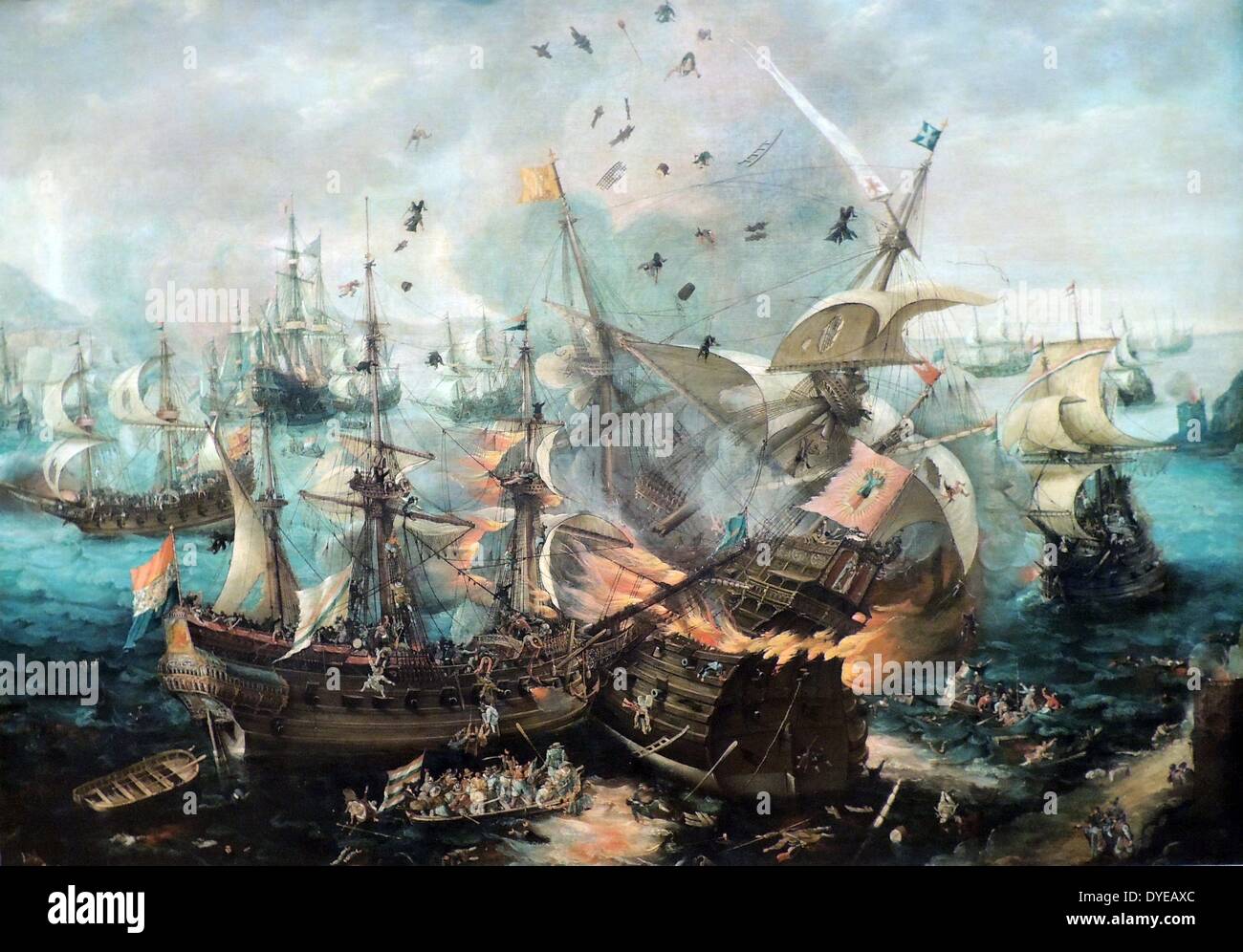 Die Explosion der Spanische Flaggschiff in der Schlacht bei Gibraltar 25. April 1607 von Cornelis Claesz van Wieringen. n 1621 die Admiralität von Amsterdam beschlossen, eine Malerei Kommission zum Gedenken an die Schlacht von Gibraltar, erfolgte im Jahre 1607. Diese Schlacht, in der die niederländischen Geschwader die spanische Flotte in der Bucht von Gibraltar zerstört hatte, war die erste große Niederländische Marine Sieg im 80-jährigen Krieg. Stockfoto