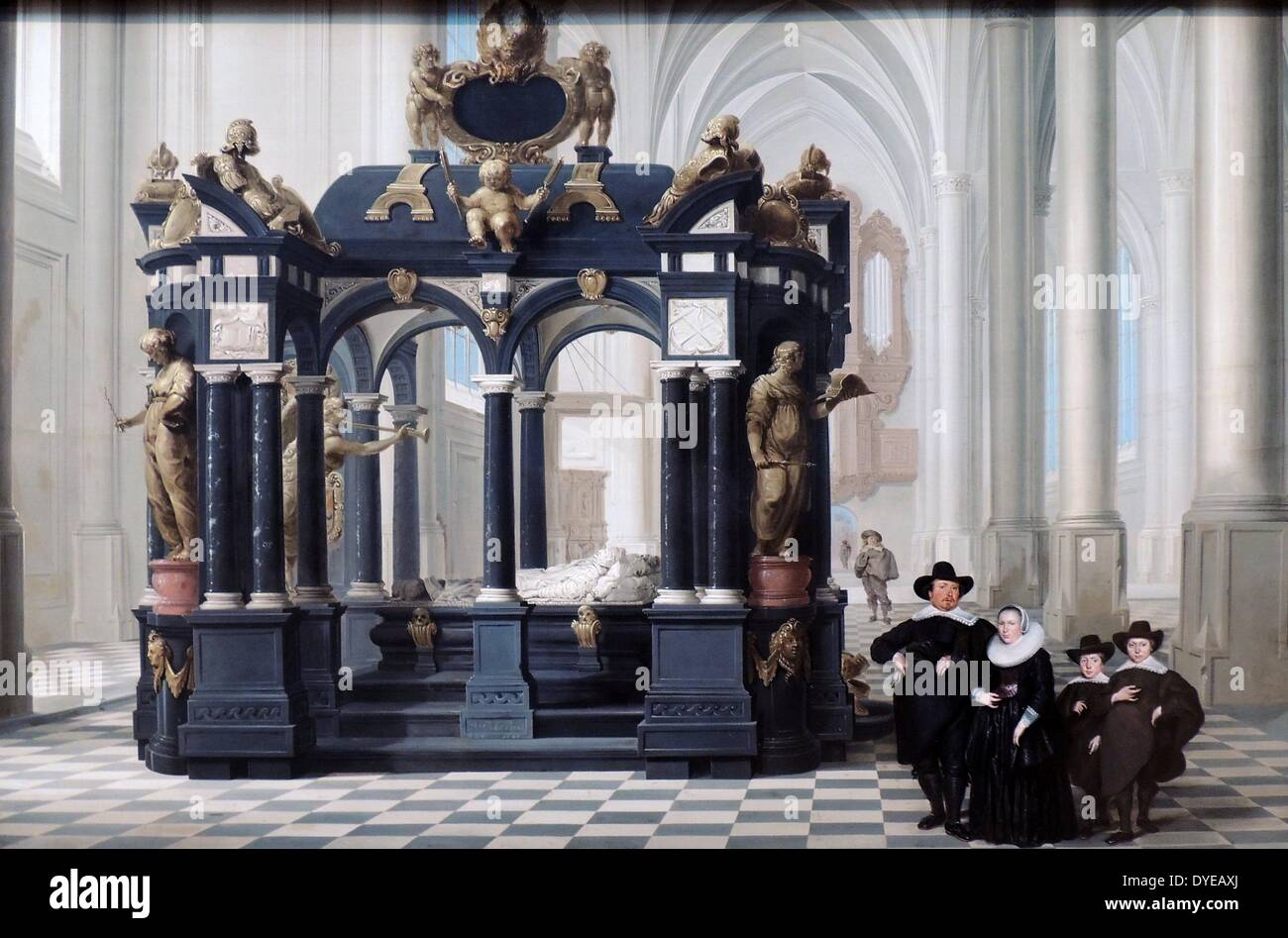 Eine Familie neben dem Grab von Prinz William, die ich in der Nieuwe Kerk, Delft von Dirck van Delen (1604-1671), Öl auf Leinwand, 1645. Das Grab von Wilhelm von Oranien wurde eine viel besuchte Attraktion von dem Moment an, war es im Jahr 1621 abgeschlossen. Menschen wie diese Familie - Vater, Mutter und zwei Söhne, alle gekleidet in zurückhaltenden, seriöse Schwarz - hatte sogar Malern verewigt Sie neben das Denkmal als Beweis für ihre Solidarität mit der "Vater des Vaterlandes". Stockfoto Eine Familie neben dem Grab von Prinz William, die ich in der Nieuwe Kerk, Delft von Dirck van Delen (1604-1671), Öl auf Leinwand, 1645. Das Grab von Wilhelm von Oranien wurde eine viel besuchte Attraktion von dem Moment an, war es im Jahr 1621 abgeschlossen. Menschen wie diese Familie - Vater, Mutter und zwei Söhne, alle gekleidet in zurückhaltenden, seriöse Schwarz - hatte sogar Malern verewigt Sie neben das Denkmal als Beweis für ihre Solidarität mit der "Vater des Vaterlandes". Stockfoto