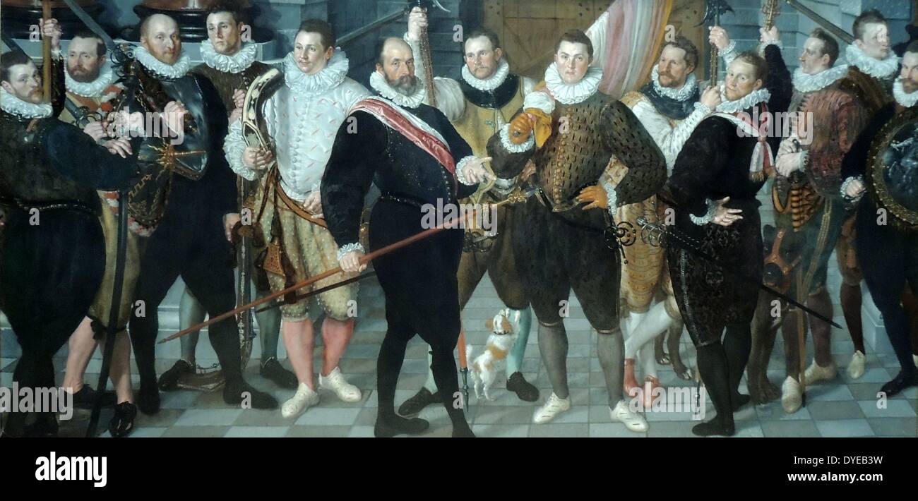Die Firma von Kapitän Dirck Jacobsz Rosecrans und Leutnant Pauw von Cornells Ketel (1548-1616), Öl auf Leinwand, 1588. 13 self-assured Offiziere des Amsterdamer Milizen und bewaffneten bürgerlichen Schutz der Stadt, sind hier dargestellt. Aus dem Jahre 1580, auf Initiative von Wilhelm von Oranien, der alte Miliz Gilden wurden in Civic wachen zusammen militärisch organisierten refashioned. Die Offiziere wurden aus den oberen Ebenen der Gesellschaft rekrutiert. Die dunklen Maulkorb Hund rechts Kontraste komisch mit dem kecken kleinen Schoßhündchen in der Mitte springen auf die Beine seines Besitzers. Stockfoto