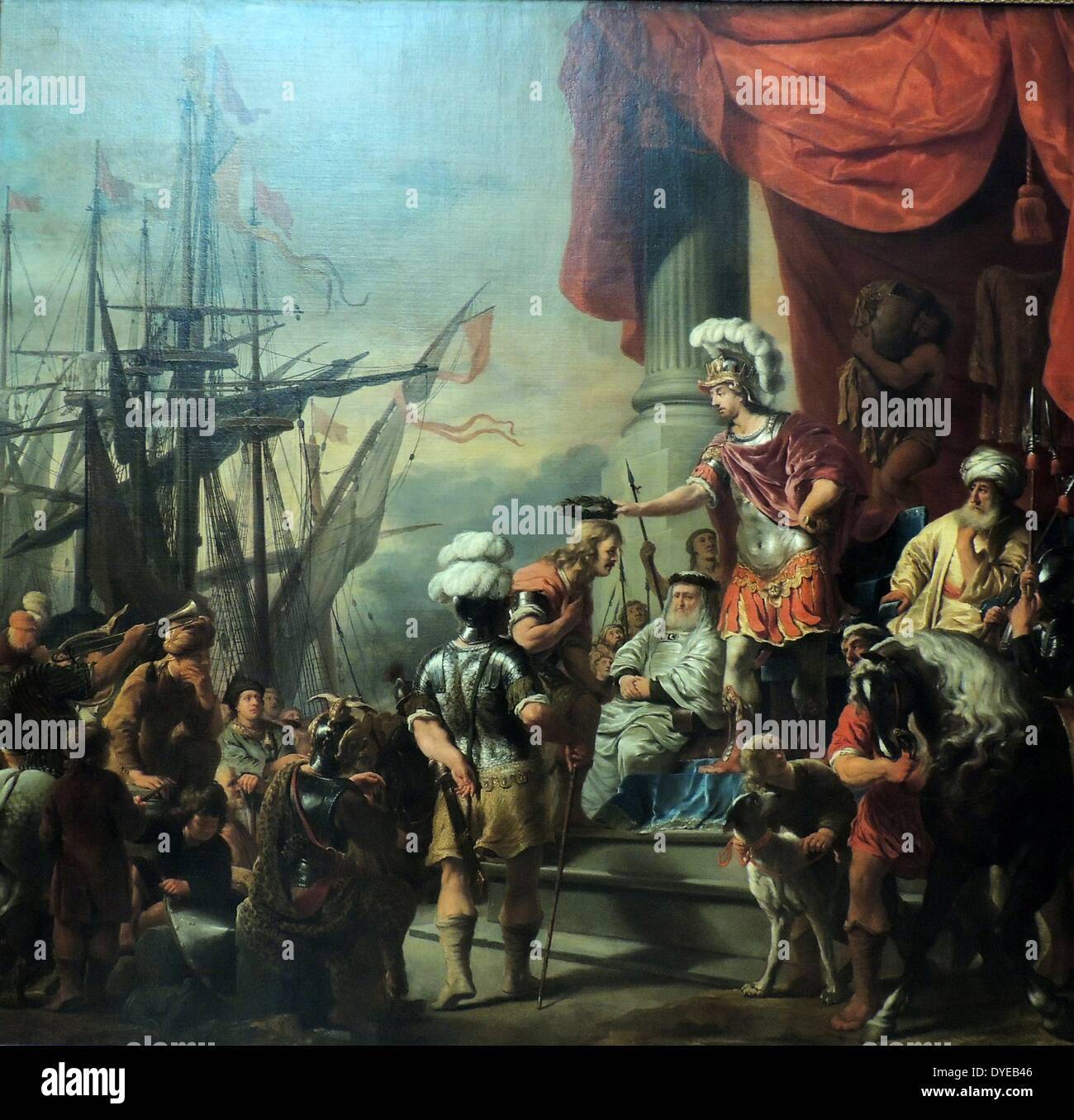 Aeneas am Hof von LATINUS von Ferdinand Bol (1616-1680), Öl auf Leinwand, c 1661-1664. Bol Malerei, für die Amsterdamer Admiralität, zeigt eine Szene aus Vergils Aeneis. Aeneas gratuliert einem der Kapitäne, die vier Schiffe, die in einem Rennen gegeneinander an. Alle vier waren auf ihre Rückkehr belohnt, auch der Kapitän, der seinen Steuermann über Bord für Ungehorsam eine Bestellung warf. Das Gemälde wurde von einem Gedicht von Vondel, und betonte die Wichtigkeit von Festigkeit und Großzügigkeit in der guten Regierung begleitet. Stockfoto