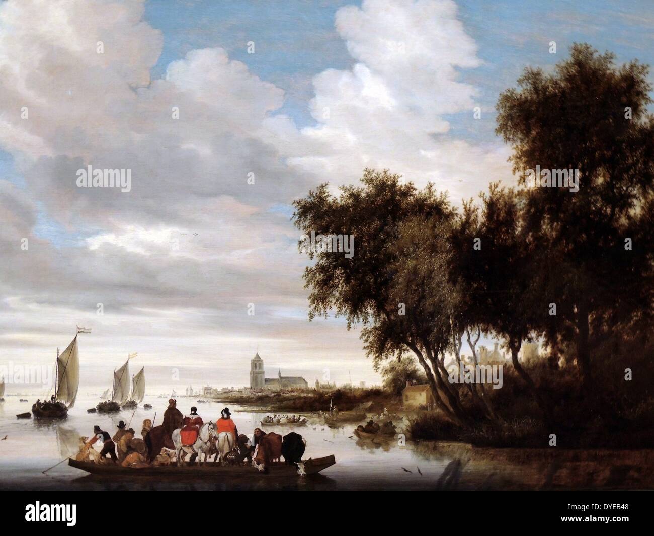Flusslandschaft mit der Fähre von Salomon van Ruysdael (C. 1600-1670) Öl auf Leinwand, 1649 mit drei Pferden, vier Hunde, zwei Kühe und 12 Menschen an Bord, dieses schmale Fähre wird stark belastet zu sein. Die Boote in der Ferne sind auch mit Passagieren überfüllt. Salomon van Ruysdael war der Dolmetscher par excellence der flachen, wässrige Holländische Landschaft. Hier benutzte er eine bewährte und kompositorische Formel getestet; rechts eine Bank mit hohen Bäumen, und Links, einem Körper von Wasser bis zum Horizont. Stockfoto