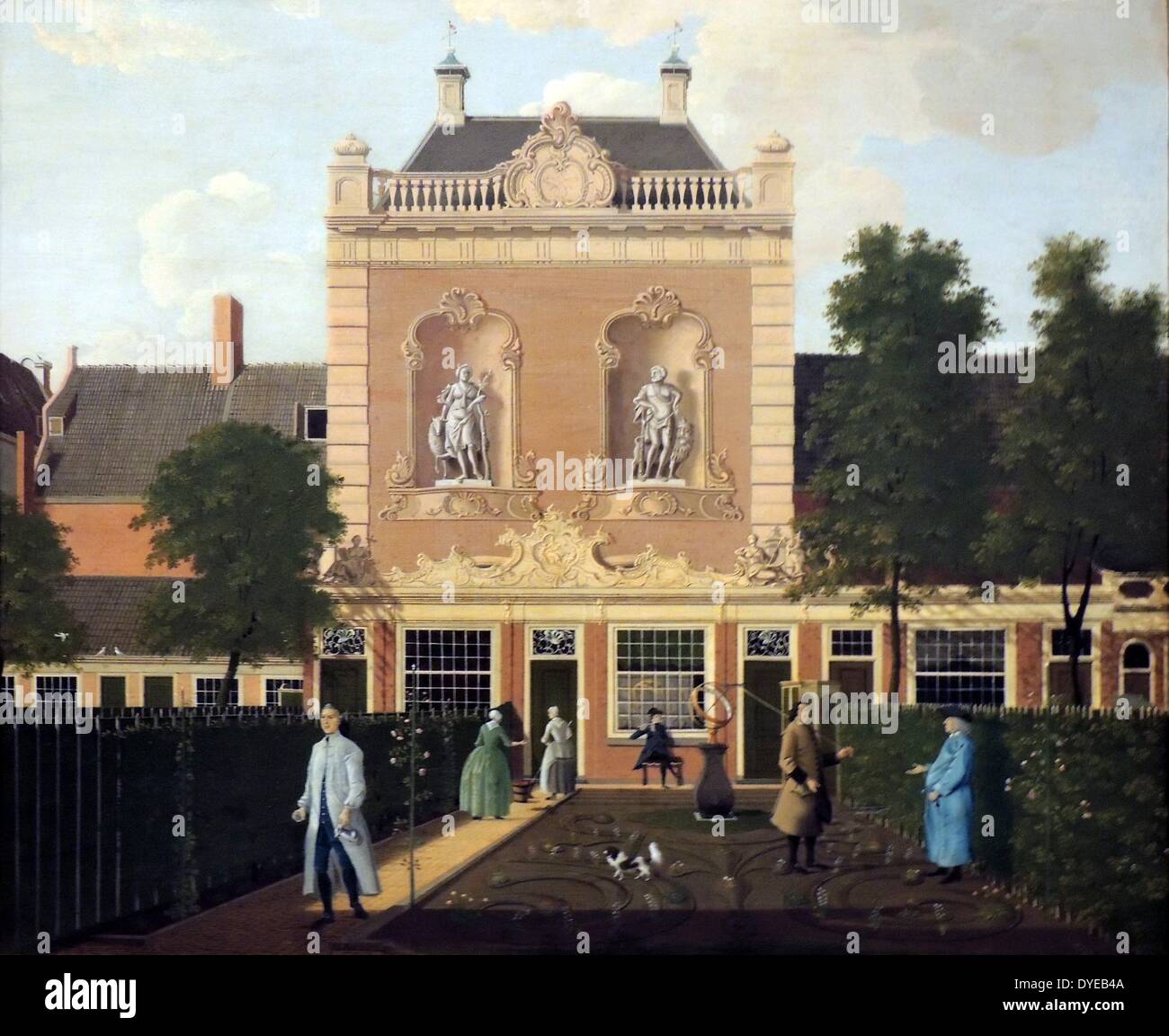 Den Garten und Coach House von 524 der Keizersgracht in Amsterdam von Hendrik Keun (1738-1787), Öl auf Leinwand, 1772. Nicolaas Doekscheer, der bei 524 Keizersgracht lebte, ein Grand, Rokoko Coach House auf der Kerkstraat, die an die Rückseite seines Gartens. Er ist hier dargestellt im Gespräch mit dem Gärtner, während seine Frau spricht von einer Magd. Zwei junge Männer sind Doekscheer's Neffen und Erben. Das Gemälde ist noch in seinem ursprünglichen Rokoko. Stockfoto