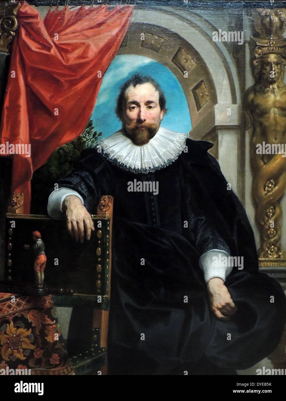Porträts von Rogier Le Witer und seine Frau Catharina Behaghel von Jacob Jordaens (1593-1678), Öl auf Leinwand, 1635. Jordaens porträtiert die Antwerpener Kaufmann Rogier Le Witer und seine Frau Catharina Behaghel, gegen einen prächtigen Hintergrund. Wie Grand almosenpfleger von Antwerpen, Le Witer war verantwortlich für das Sammeln von liebesgaben für Gefangene. Auf dem Tisch ist ein Verweis auf die Funktion, ein Schild mit der Aufschrift "A) Lemos (e) 1623 "das Jahr, in dem Le Witer, dieses Amt übernahm. Stockfoto