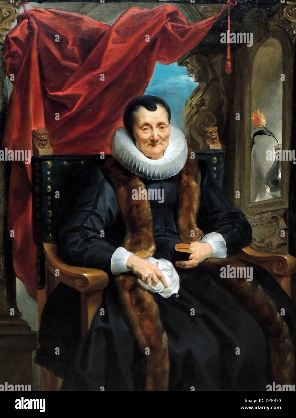 Portrait von Magdalena De Cuyper von Jacob Jordaens (1593-1678), Öl auf Leinwand, c 1635. Diese ältere Frau ist Mutter von Rogier Le Witer. Sie trägt eine Kappe und einen schwarzen Witwe einen etwas altmodischen Mantel. In den Händen hält sie ein Taschentuch und ein Gebetbuch, Letztere symbolisiert ihre Frömmigkeit. Stockfoto