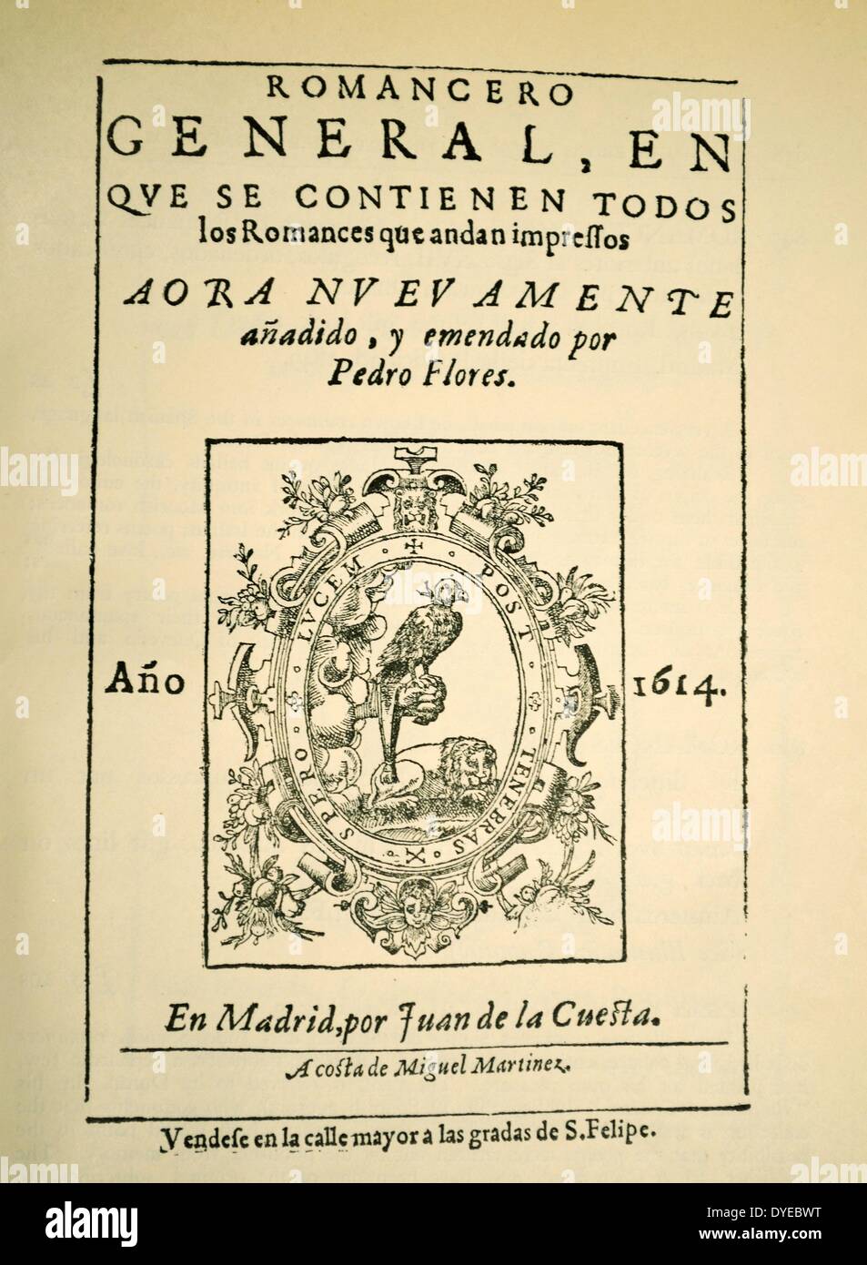 Titelseite von Romancero Allgemein. Madrid. Vom 1614 Stockfoto