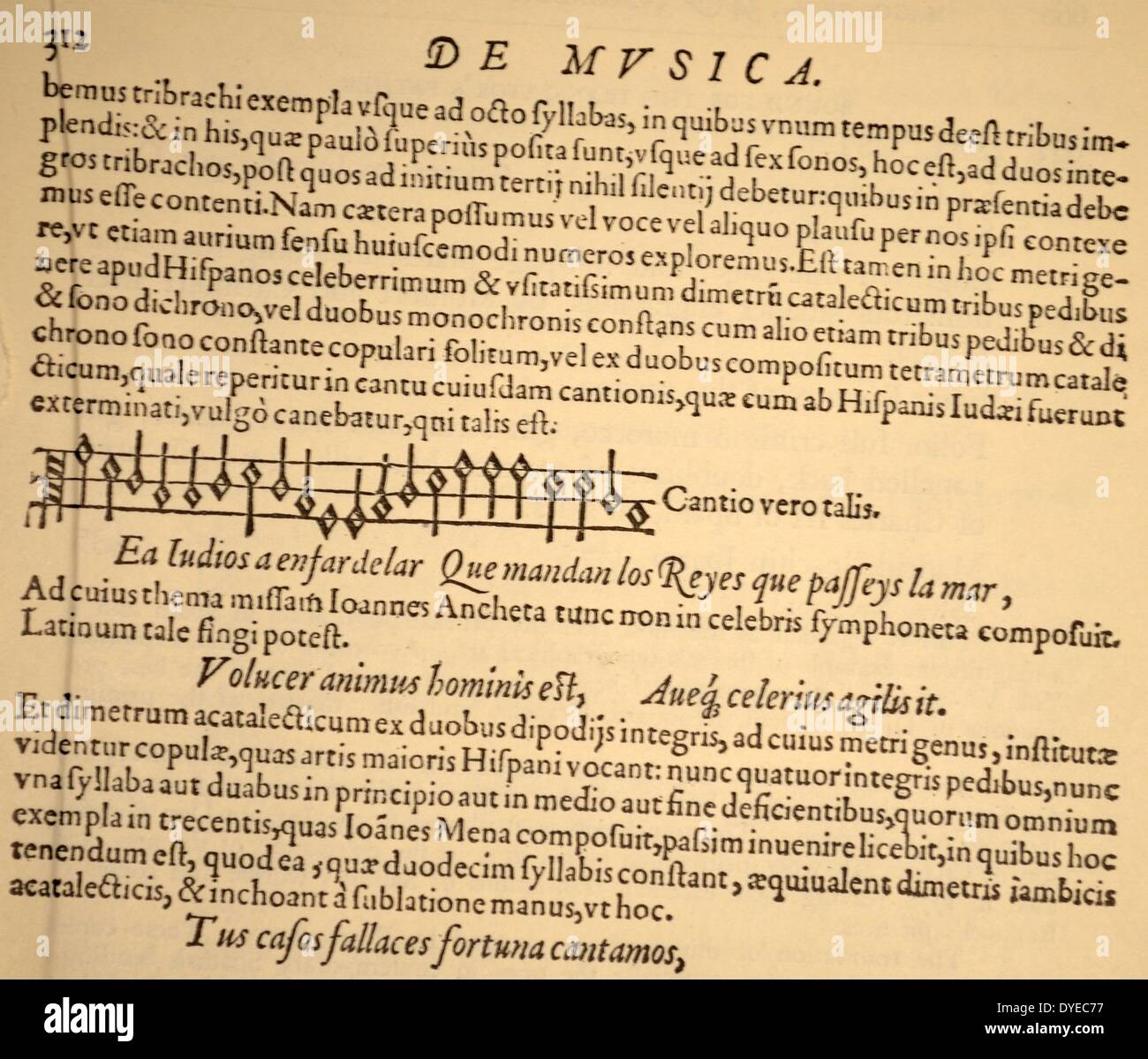 Teil der Seite aus Salinas, de Musica. Salamanca, 1577, die den Beginn eines spanischen Song ähnlich der sephardischen Melodie für Psalm XCII. Vom 1577 Stockfoto