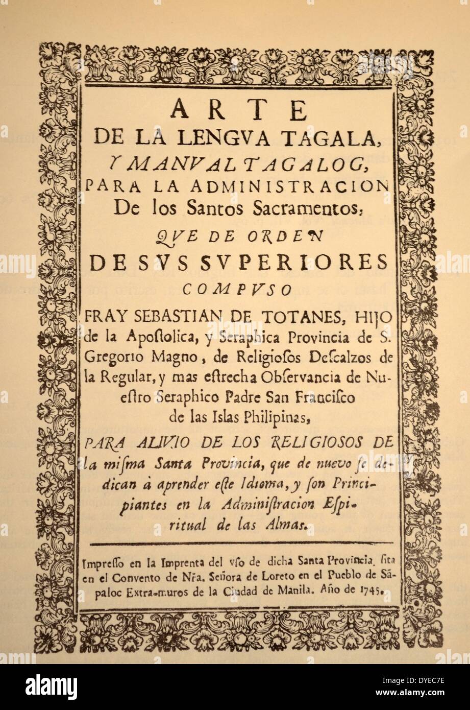 Titel Seite von einem Tagalan Grammatik. Gedruckt in Manila auf Reispapier, Manila. Vom 1745 Stockfoto