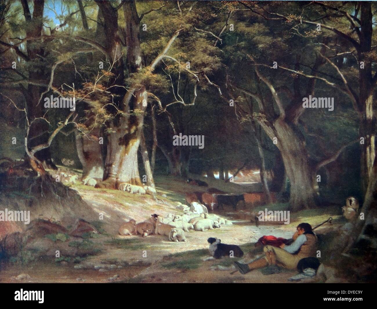 Landschaft Gemälde mit dem Titel Mitte Tag zurückziehen. Das Gemälde zeigt eine Szene mit einem Shepard und seine Schafe Hund eine Pause von Hüten der Herde von Schafen. Von William Frederick Witherington (1785-1865), englischer Maler und akademischen. Vom 1845 Stockfoto