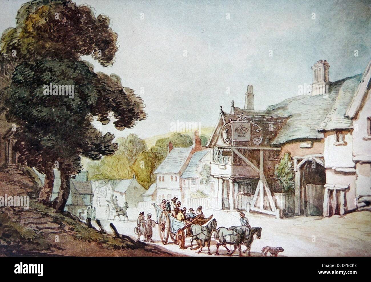 Landschaft Gemälde mit dem Titel "Broadway, Worcestershire'. Das Gemälde zeigt eine Straßenszene mit einem Pferd ziehen einen großen Schlitten mit Menschen gefüllt. Von Thomas Rowlandson (1756-1827), englischer Künstler und Karikaturist. Vom 1770 Stockfoto