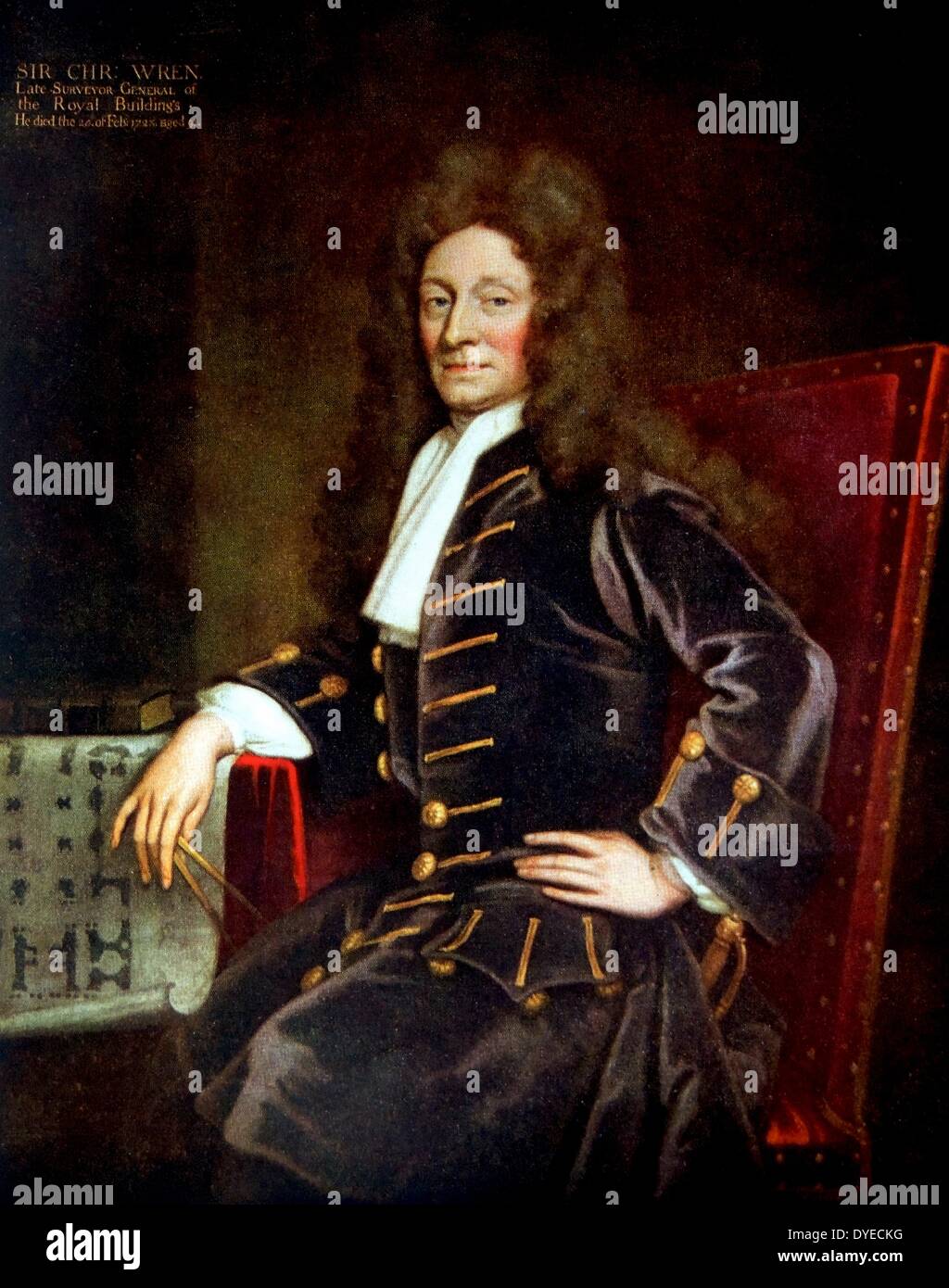 Portrait von Sir Christopher Wren (1632-1723), englischer Architekt in diesem Porträt mit einigen Blueprints und eine Messung Instrumente angesehen. Von Sir Godfrey Kneller (1646-1723) Der führende Portrait Maler in England im späten 17. Jahrhundert. Vom 17. Jahrhundert Stockfoto