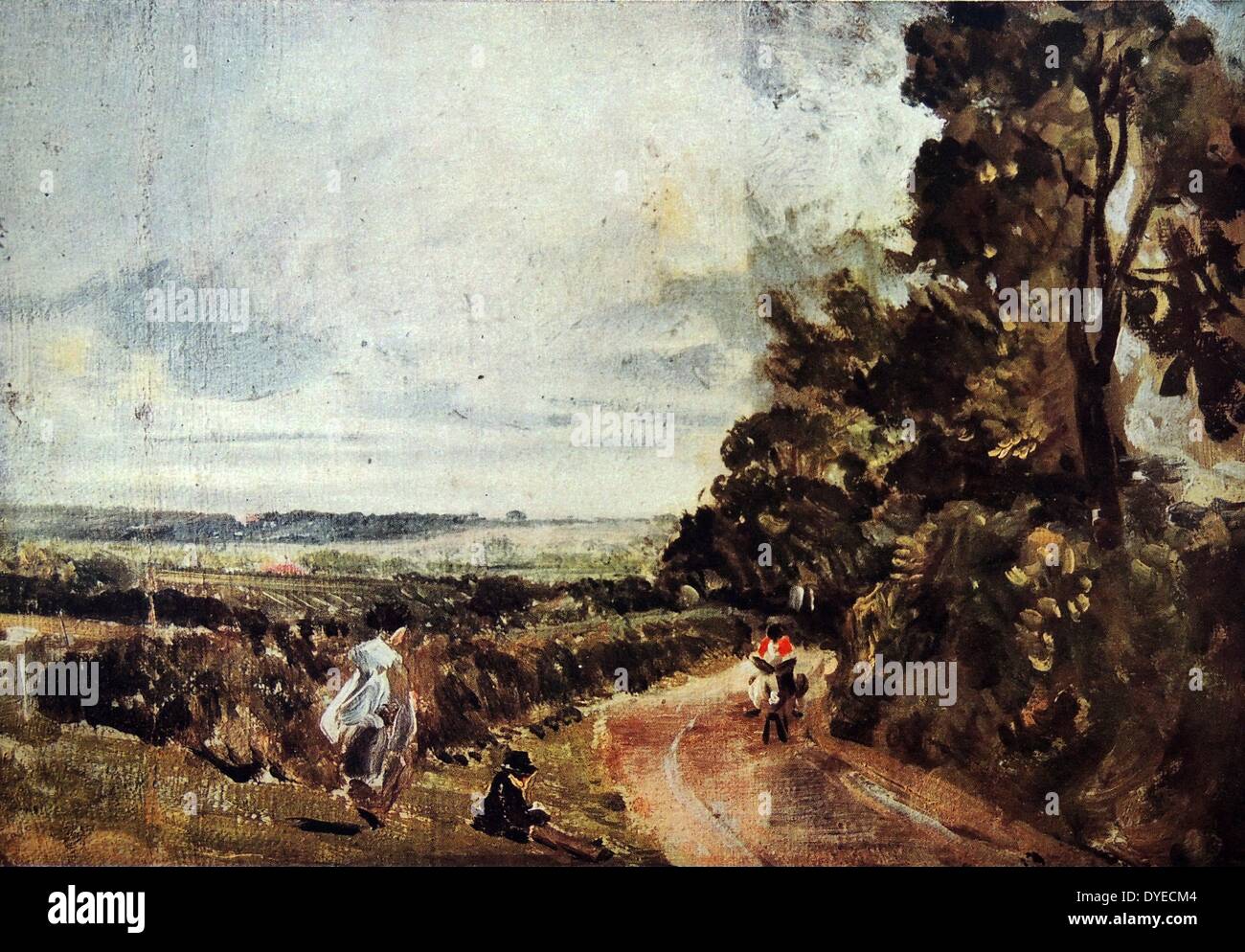 Öl Landschaft Gemälde mit dem Titel "Country Road". Gemalt in einem romantisch verklärten Stil die Szene zeigt eine junge Frau und ein Mann an der Seite von einer Landstraße ruht, während sich Pferd und Reiter. Von John Constable (1776-1837) Englische romantische Maler für seine Landschaftsbilder bekannt. Vom 1826 Stockfoto