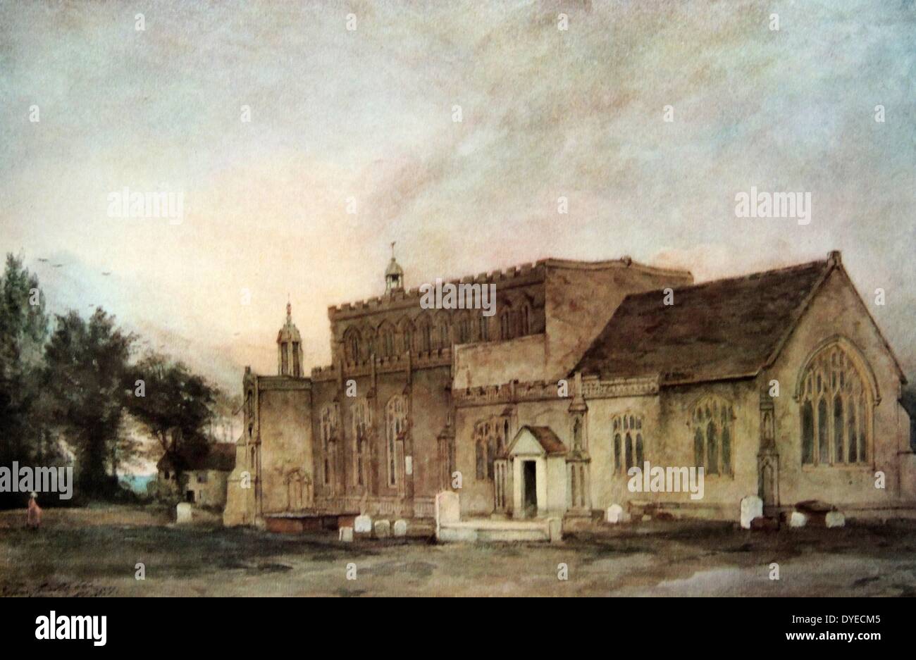 Öl Landschaft Gemälde mit dem Titel "East Bergholt Kirche'. Das Gemälde zeigt St Mary's Church, in der 15. und 16. Jahrhundert errichtet, in dem Dorf East Bergholt, England. Von John Constable (1776-1837) Englische romantische Maler für seine Landschaftsbilder bekannt. Vom 1810 Stockfoto