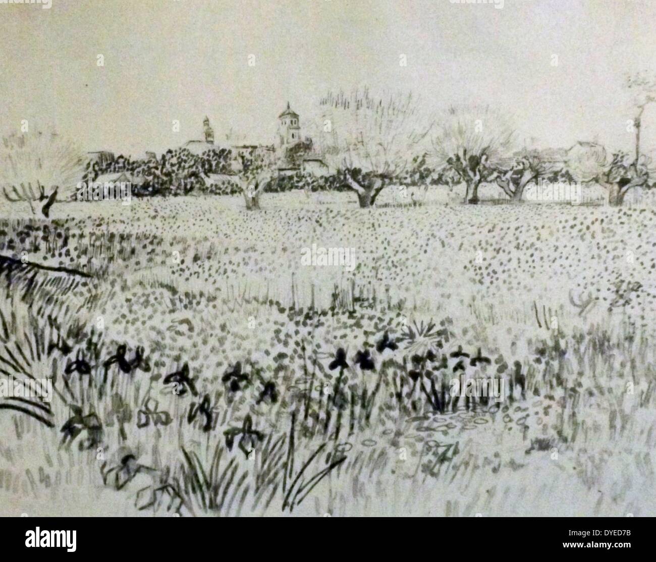 Skizze mit dem Titel die Ansicht von Arles. Eine Landschaft, die Szene von Vincent Van Gogh (1853 - 1890) post-impressionistischen Maler niederländischer Herkunft. Vom 1873 Stockfoto