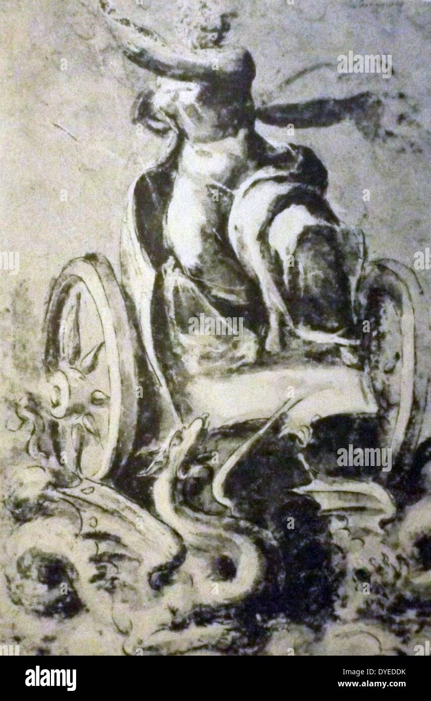 Skizze einer Göttin auf einem Wagen durch Drachen von Andrea Schiavone (1522 - 1563) Italienische Renaissance Maler und Kupferstecher zog sitzt. Vom 16. Jahrhundert Stockfoto