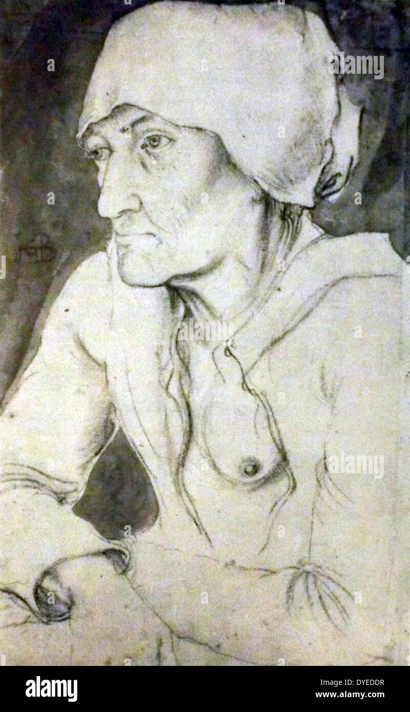 Schwarze Kreide Skizze der exponierten Büste einer alten Frau von Hans Baldung Grien (1480-1545), deutscher Maler und Grafiker. Vom 16. Jahrhundert Stockfoto