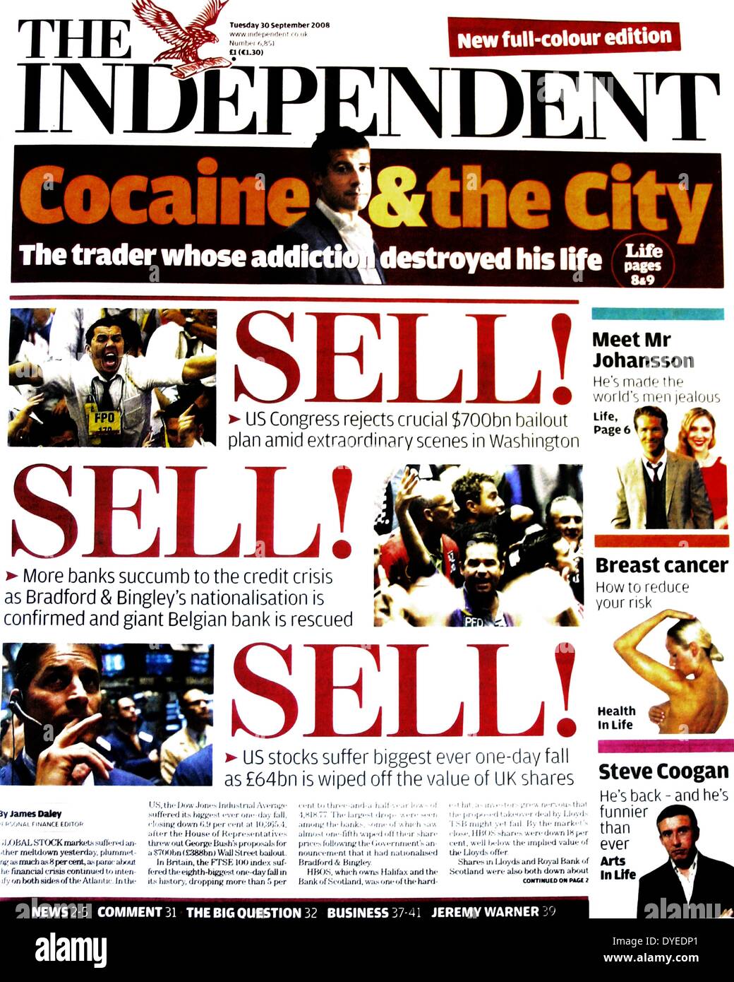 Titelseite der unabhängigen Zeitung "zu verkaufen! Zu verkaufen! Zu verkaufen! " September 2008 n. Chr. Stockfoto