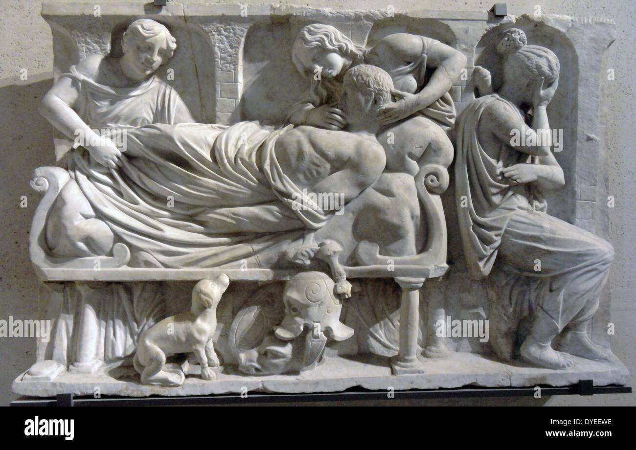 Marmorrelief Darstellung der Tod Meleagros 102 n. Chr. Stockfoto