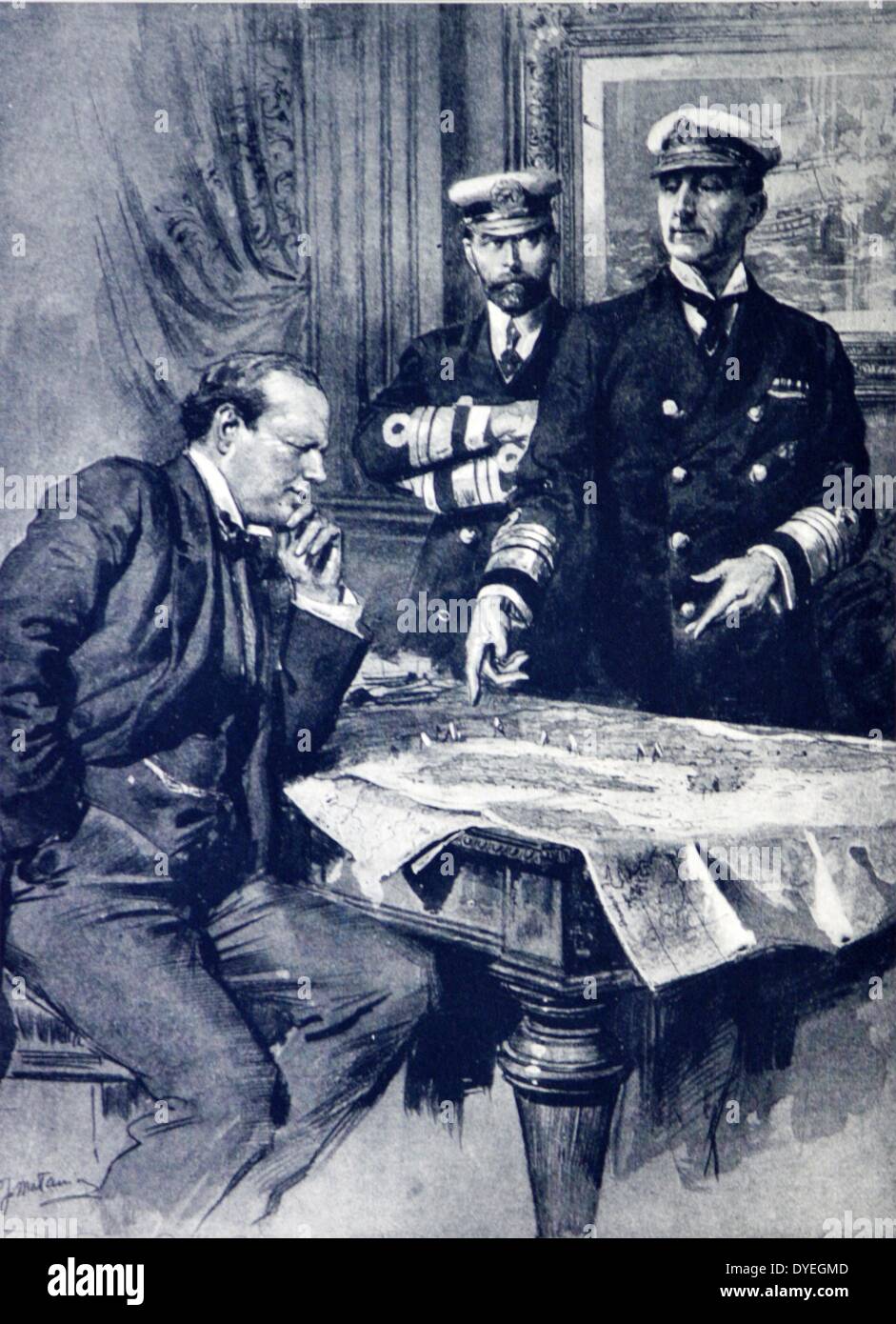 Der erste Herr, Winston Churchill (1874-1975), Premierminister des Vereinigten Königreichs von 1940-1945 und von 1951-1955 mit seinen zwei höchsten Executive Officers, Konteradmiral Charles Madden, (1862-1935) Leiter der Personal- und Admiral Sir John jellicoe, (1859-1935), Oberbefehlshaber der Home Flotten. Stockfoto