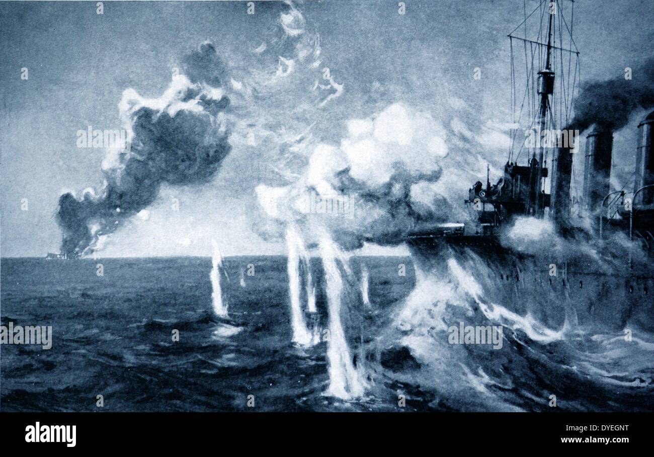 Die erste australische Marine wichtige Engagement: Eine Stunde und 40 Minuten nach Abfeuern der erste Schuss zwischen Emden und der Sydney aus Cocos Keeling Island, der Deutschen Cruiser war eine Masse von Schrott - Eisen. November 9th, 1914. Stockfoto
