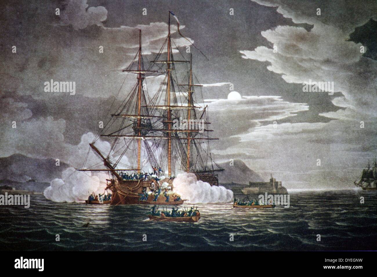 Das Ausschneiden der Fregatte 'Hermine' bei Puerto Cabello durch Boote unter dem Kommando von Kapitän Edward Hamilton, 24./25. Oktober 1799. Stockfoto