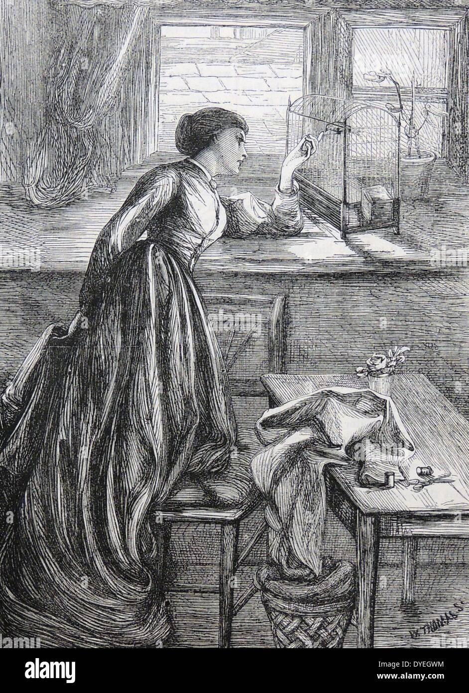 Arme Näherin unter Bruch von ihrer Arbeit zu Ihrem kanarischen in seinem Käfig zu sprechen. Illustration von Kate Edwards (1865-1879), London, 1868. Stockfoto