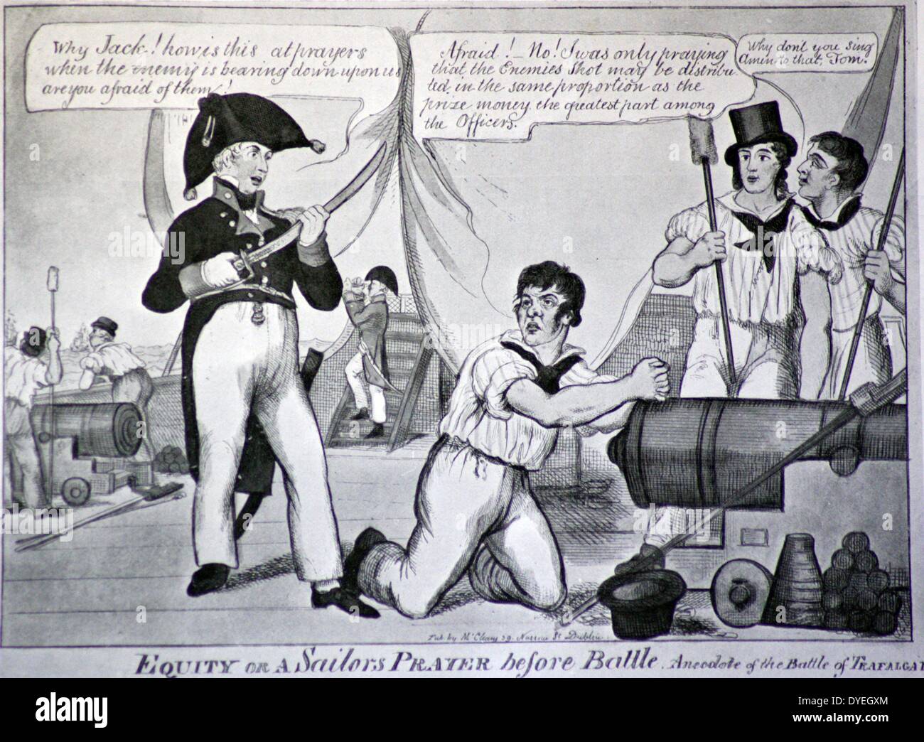 Eine zeitgenössische Karikatur - Die Schlacht von Trafalgar, 21. Oktober, 1805 war ein naval Engagement von der britischen Royal Navy gegen die kombinierten Flotten der französischen Marine und Spanische Marine gekämpft, während des Krieges von der Dritten Koalition der Napoleonischen Kriege. Stockfoto