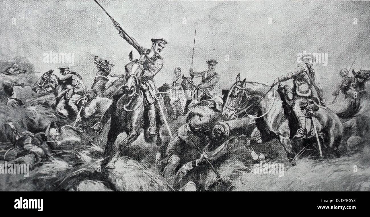 Die britischen Expeditionskorps Lancers (Kavallerie) aufladen Deutsche Positionen bei Cateau, Belgien die Schlacht von Le Cateau wurde am 26. August 1914 kämpften, nachdem die britischen und französischen Rückzug aus der Schlacht von Mons und mussten die defensiven Positionen in eine kämpfende Rücknahme gegen den Deutschen voraus in Le Cateau-Cambrésis eingestellt. Ersten Weltkrieg. August 1914 Stockfoto