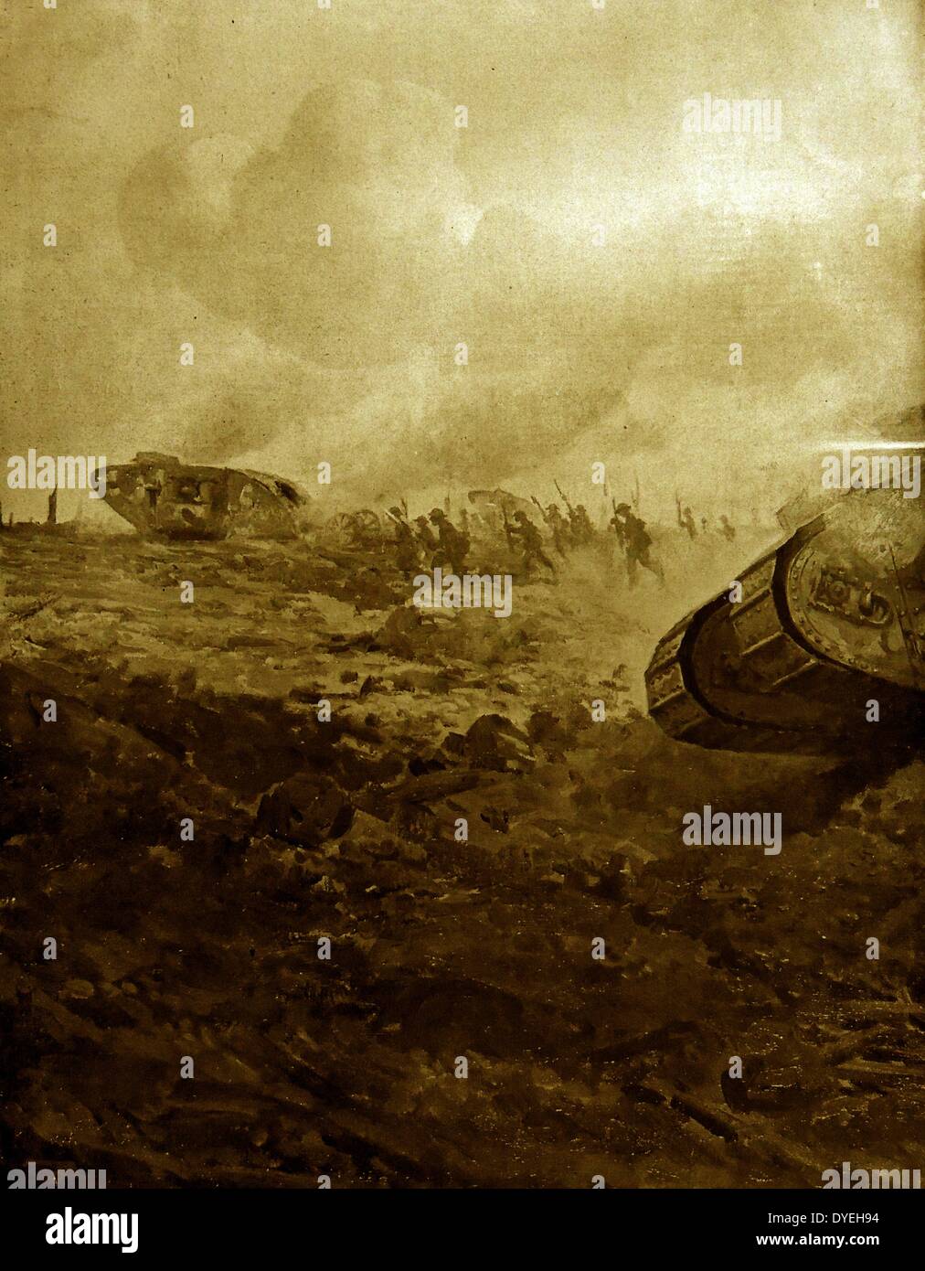 Weltkrieg I-Panzer wurden zum ersten Mal in Action auf dem Schlachtfeld an der Somme am 15. September 1916 verwendet werden. 36 Mark 1 Tanks von C und D Firmen kamen auf der Startlinie für die Erneuerung der Somme offensive: Diese Aktion wurde später als die Schlacht von Flers-Courcelette Stockfoto