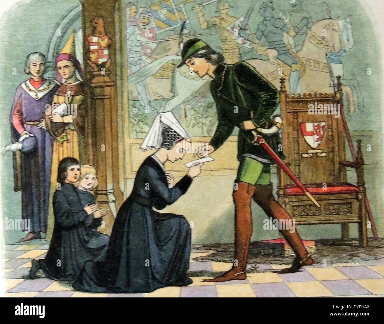 Elizabeth Woodville mit Edward IV 1464. Elizabeth Woodville 1437 - 8. Juni 1492 wurde Königin von England als die Ehefrau von König Edward IV. von 1464 bis zu seinem Tod im Jahre 1483 Stockfoto