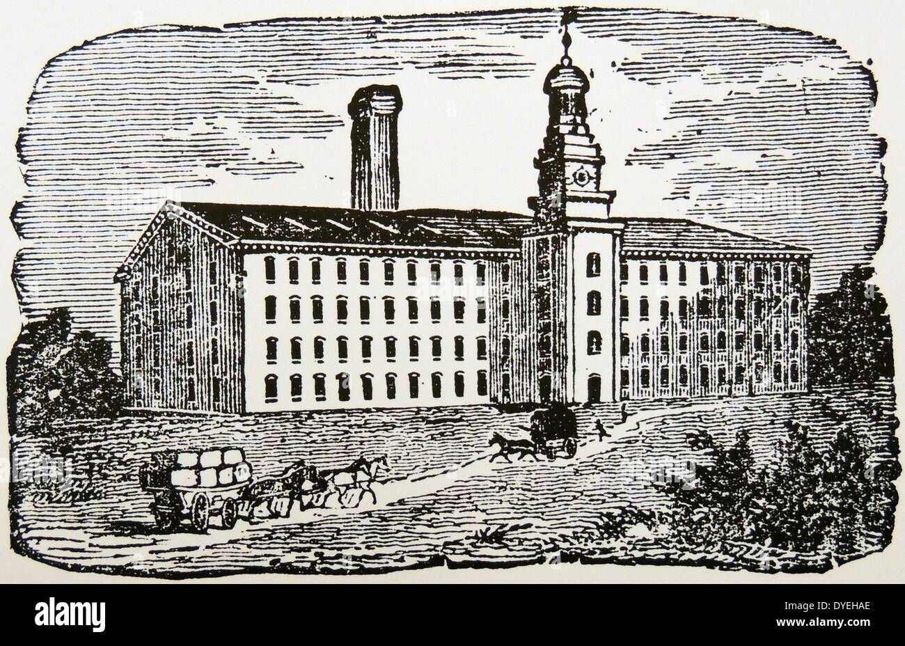 New England Cotton Mill, USA. Holzschnitt, Chicago, 1872. Stockfoto