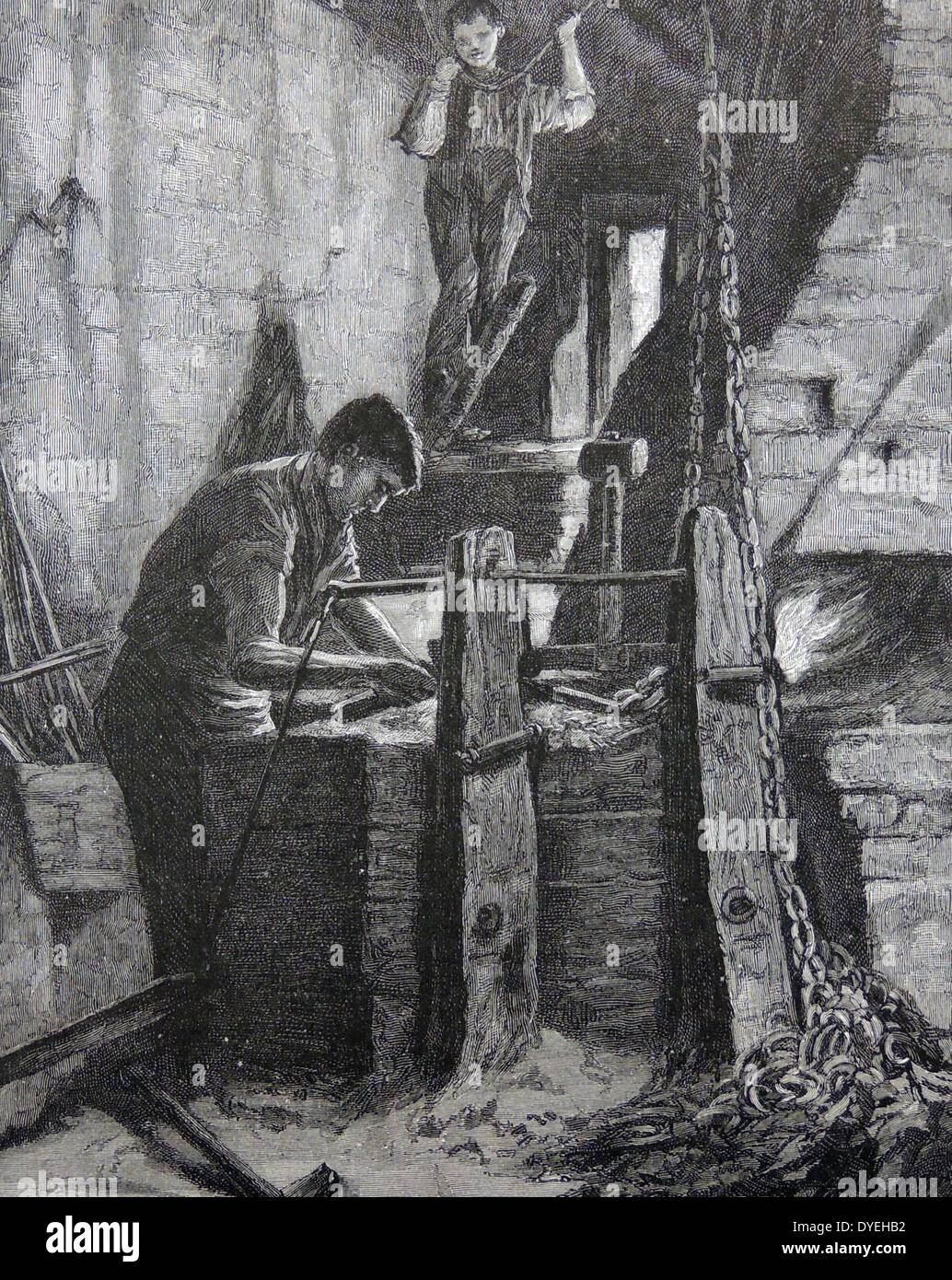 Die Ketten im Cradley Heath Gebiet des Schwarzen Land Fläche von England. Der junge arbeitet Sie den Faltenbalg, während der Mann die separate links Forges. Kupferstich, London, 1890. Stockfoto
