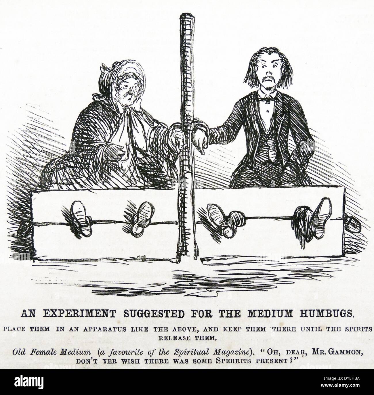 Falsche Medien in die Bestände - Die empfohlene Behandlung, die für die Fälschungen bei den Medien, die ÜBERTÖLPELN leichtgläubige Leute waren. Cartoon von ''Punch'', London, 1862. Stockfoto