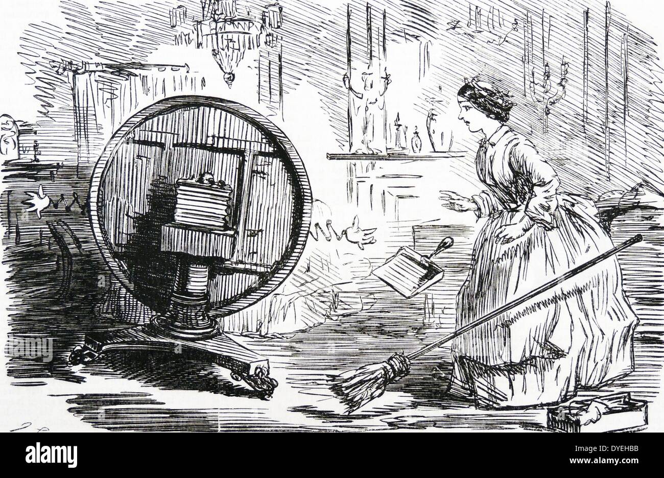 Hausmädchen aufgeschreckt durch eine tilt-top Tabelle spontan drehen. John Leech Cartoon von ''Punch'', London, 1860, als die betrügerische Mittel Daniel Douglas Home Holding war modische Séancen. Stockfoto