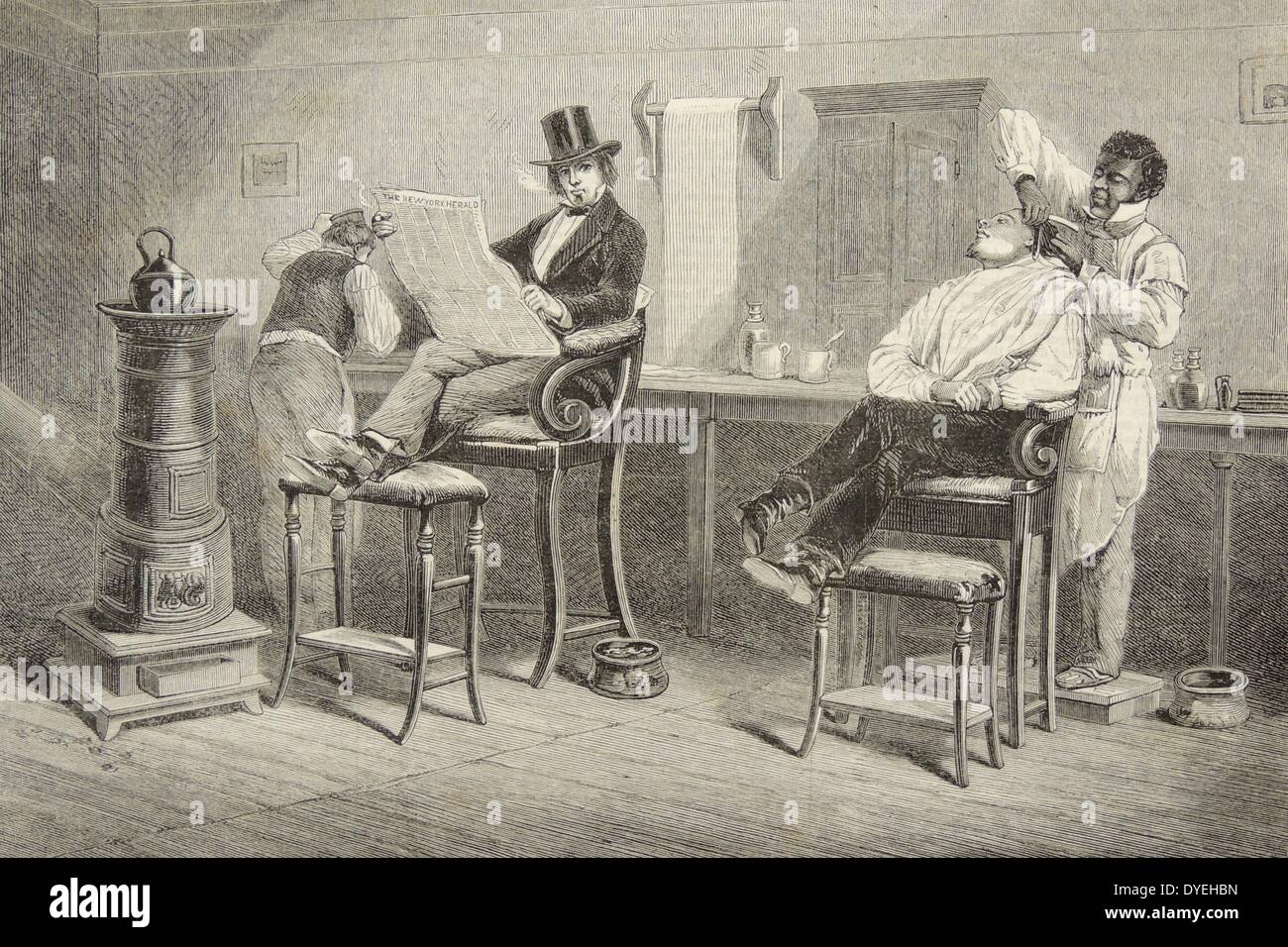 Barber's Shop, Richmond, Virginia, USA, mit typisch hohe Stühle mit einem spucknapf neben jeder, und ein Bügeleisen, Herd Heizung Wasser. Warten Client liest eine Zeitung. Holzschnitt, London, 1861. Stockfoto
