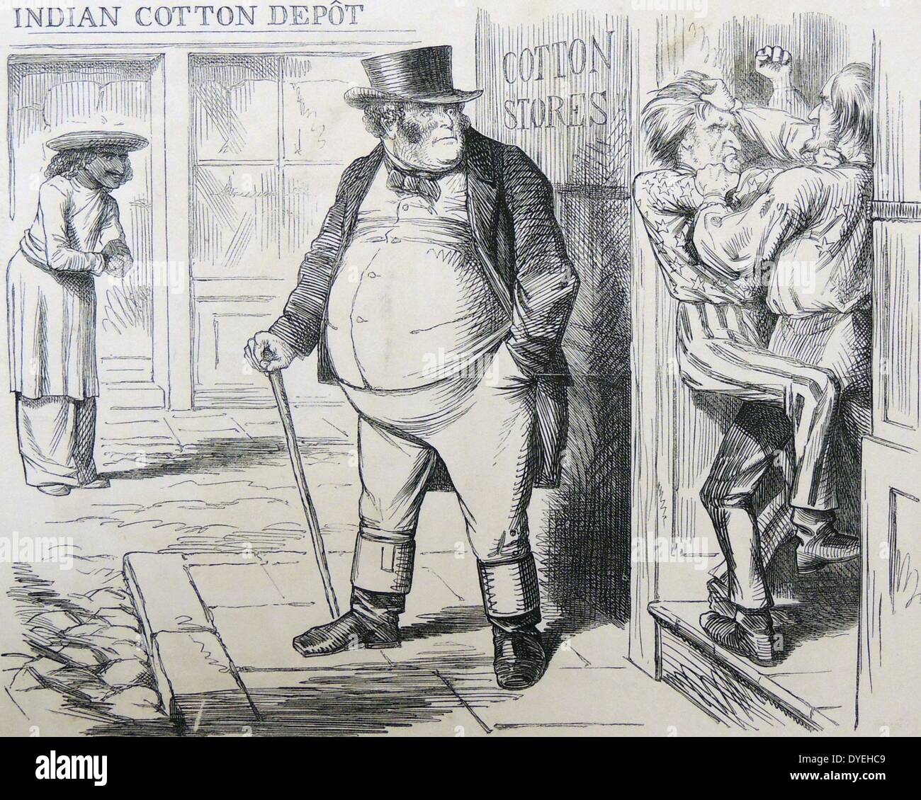 Amerikanischer Bürgerkrieg unterbrochenen Lieferungen von Rohbaumwolle zu England Lancashire Cotton Mills. Großbritannien stellte sich nach Indien für Baumwolle. Cartoon von ''Punch'', London, November 1861. Stockfoto