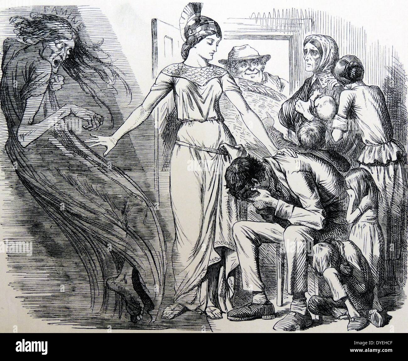 Lancashire Cotton Hunger: Britannia bannung Hunger durch das Sammeln von privaten Nächstenliebe für mill Arbeitslosen aufgrund der Blockade der Südlichen Häfen während des Amerikanischen Bürgerkriegs. John Tenniel Cartoon von ''Punch'', London, 1862. Stockfoto