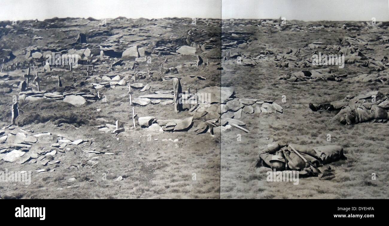 Weltkrieg 1 - serbische Soldaten lag tot auf dem Kaimaksalan Crest, nach der Eroberung der ganzen Masse der serbischen Streitkräfte 18 th -30 th September, 1916. Stockfoto