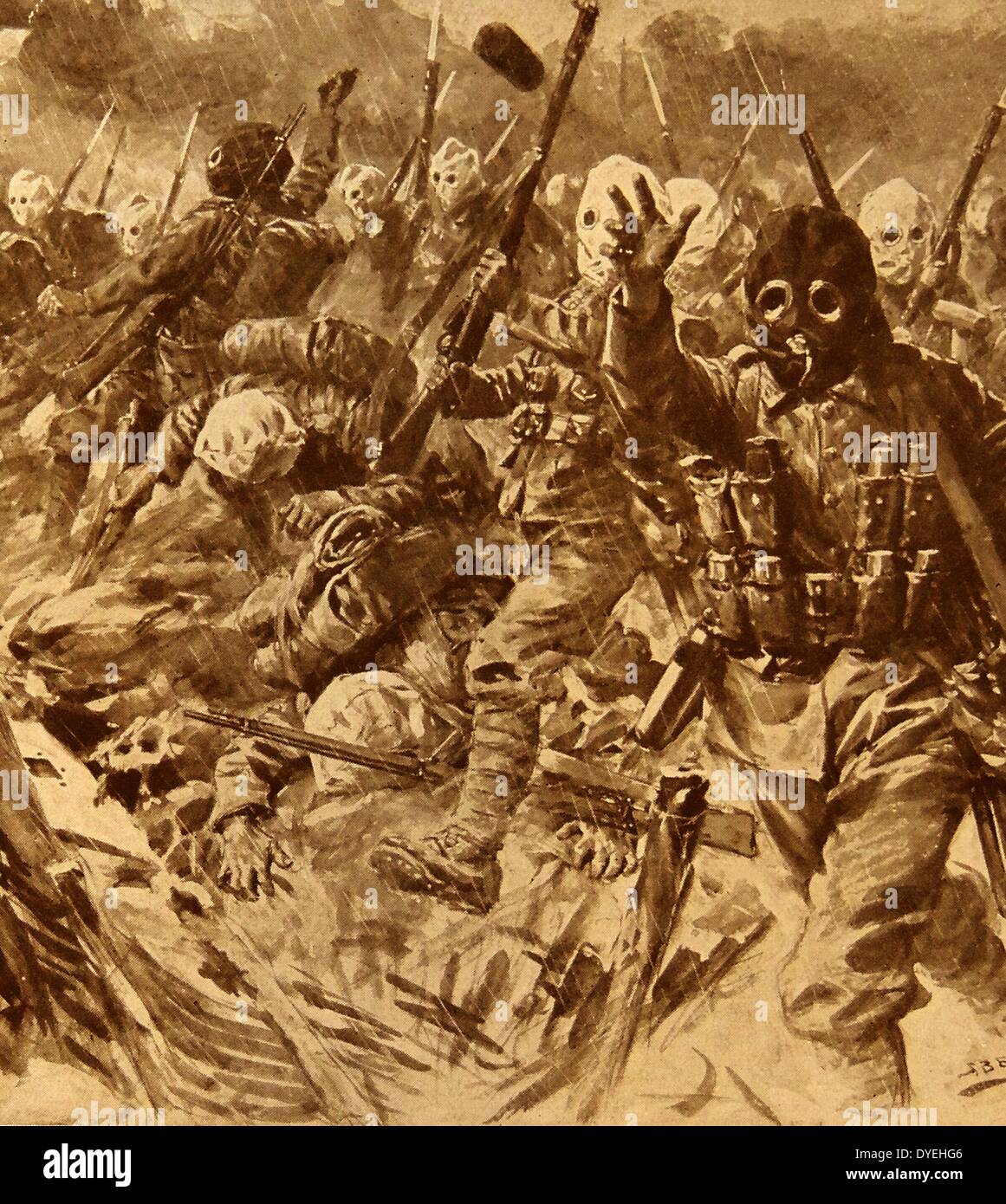 Britische Truppen Vorschuss auf deutsche afrikanische Soldaten während der Schlacht von Loos Stockfoto