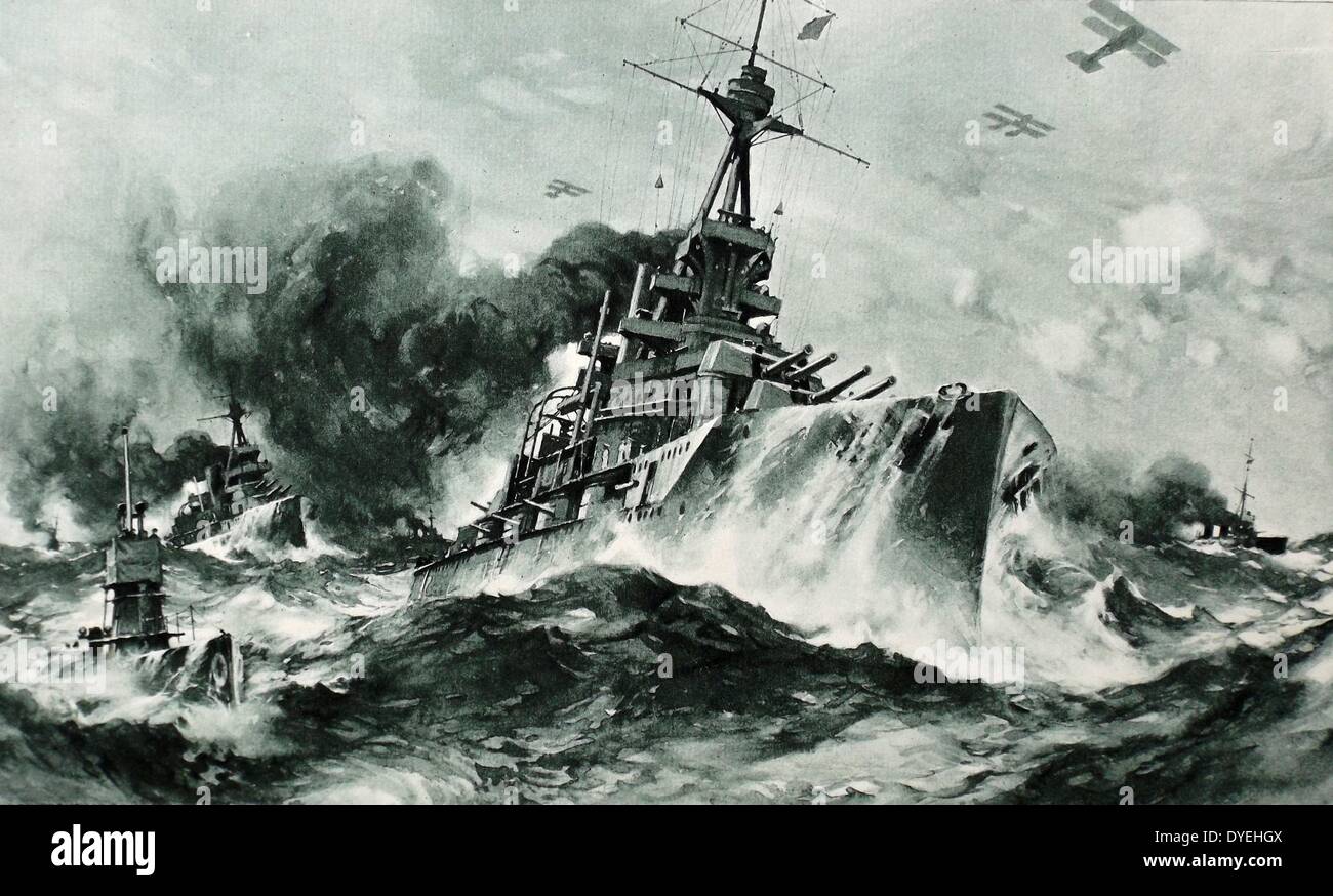 Die britische Battle Squadron mit voller Geschwindigkeit in den schmalen See (Lithographie von Charles Padday (1868-1954) die britische Marine im Zweiten Weltkrieg ich ca. 1915 Stockfoto