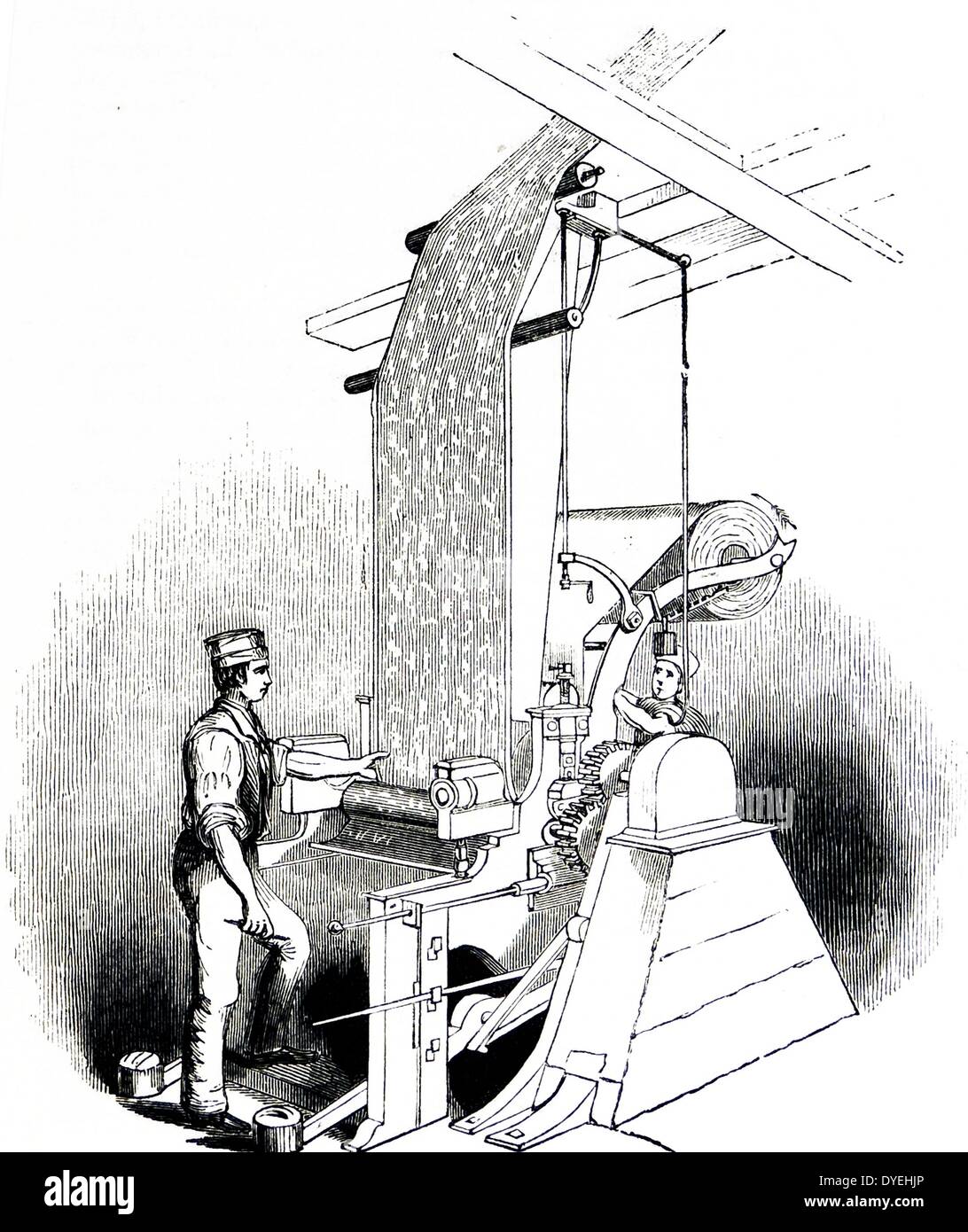 Calico drucken mit einem Zylinder Maschine: Eine separate Zylinder war für jede Farbe verwendet werden, und eine einzelne Maschine könnte 0,7 km Stoff pro Stunde drucken. Kupferstich, London, 1843. Stockfoto