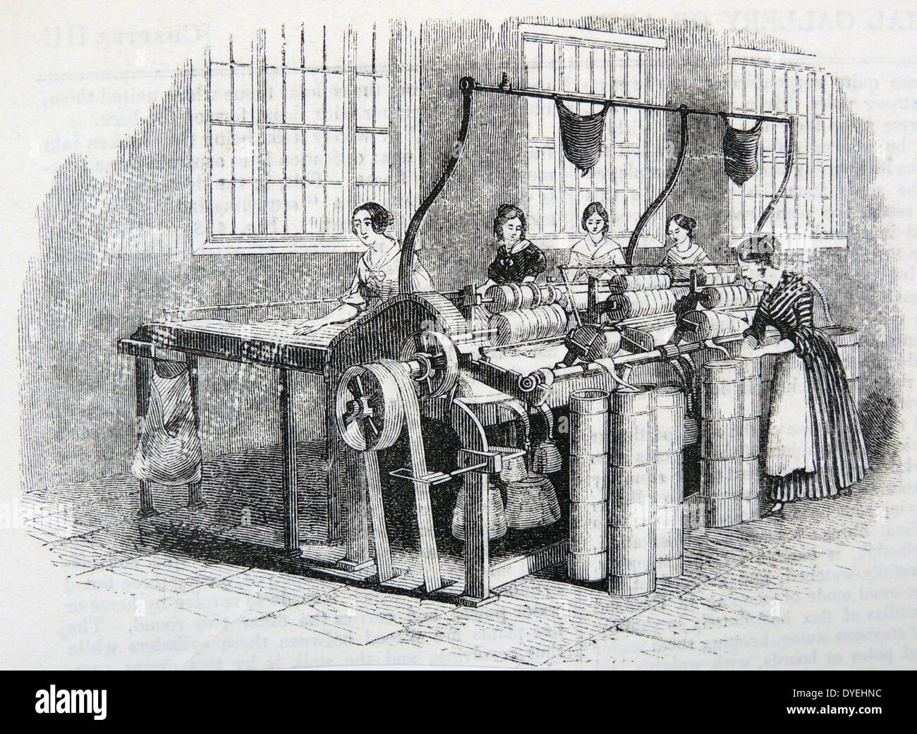 Frauen Zeichnung (Flyer) Flachs, Marshall's Flachs Mühle, Leeds, Yorkshire. Kupferstich, London, 1843. Stockfoto